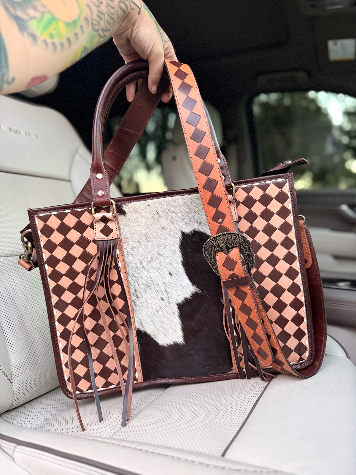 Cowhide and brown and tan checker Tooled leather tote bag with fringe-