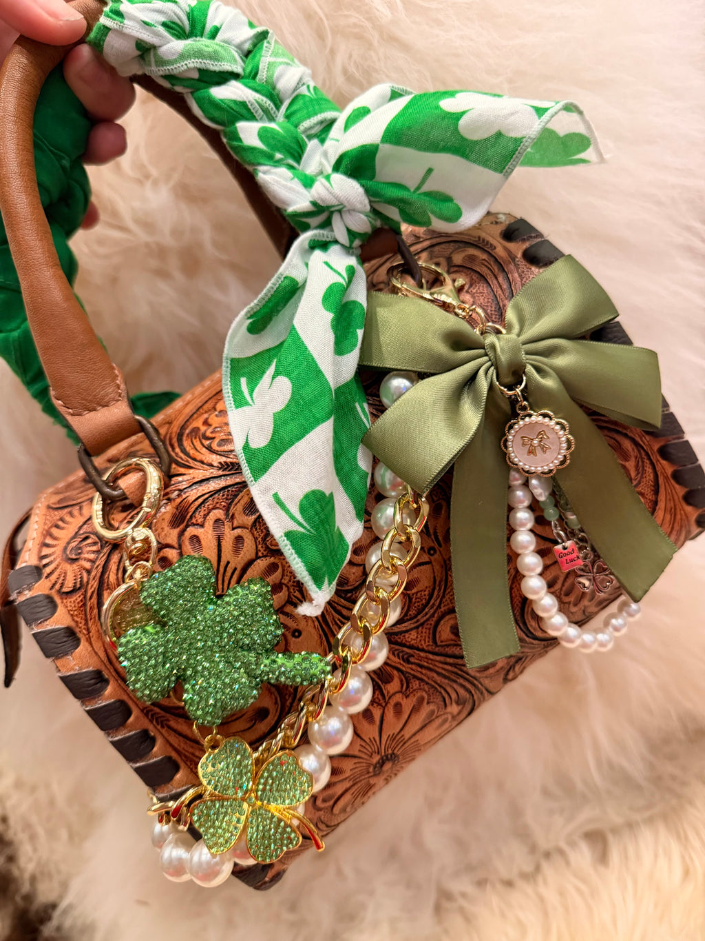 “luck Of The Irish" - brown tooled leather speedy (mini)