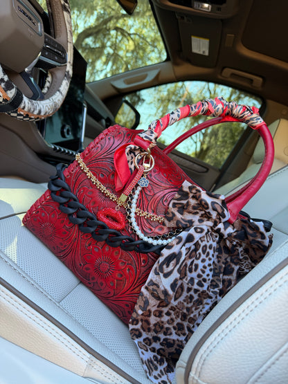 “Scarlet Kiss Cowgirl”- red tooled speedy tote, red/cheetah/black accents