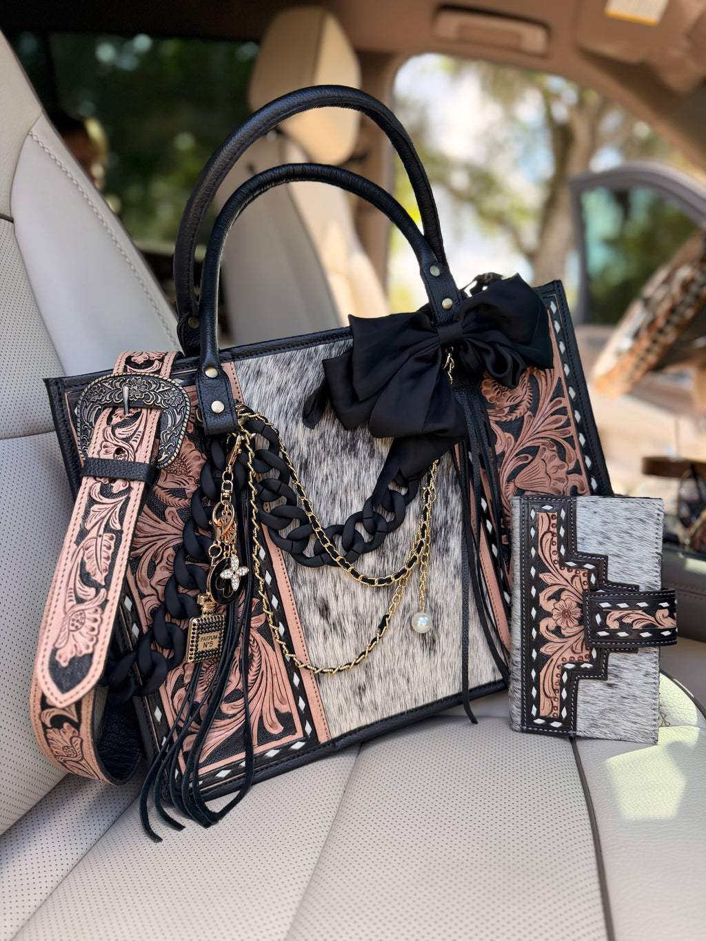 "Seduction & Spurs" Dressed cowhide and brown/black tooled learher tote bag/ wallet combo