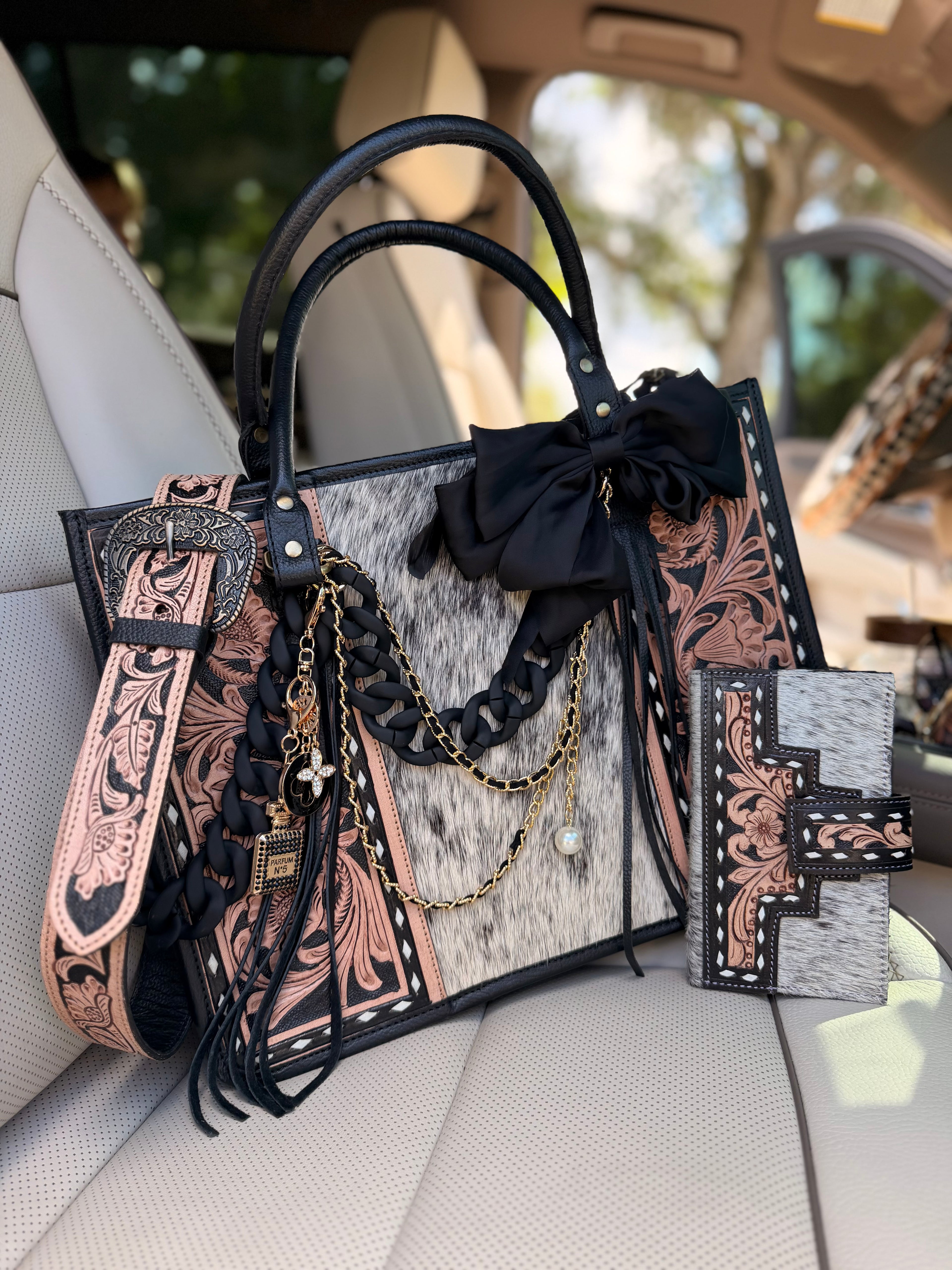 "Seduction & Spurs" Dressed cowhide and brown/black tooled learher tote bag/ wallet combo