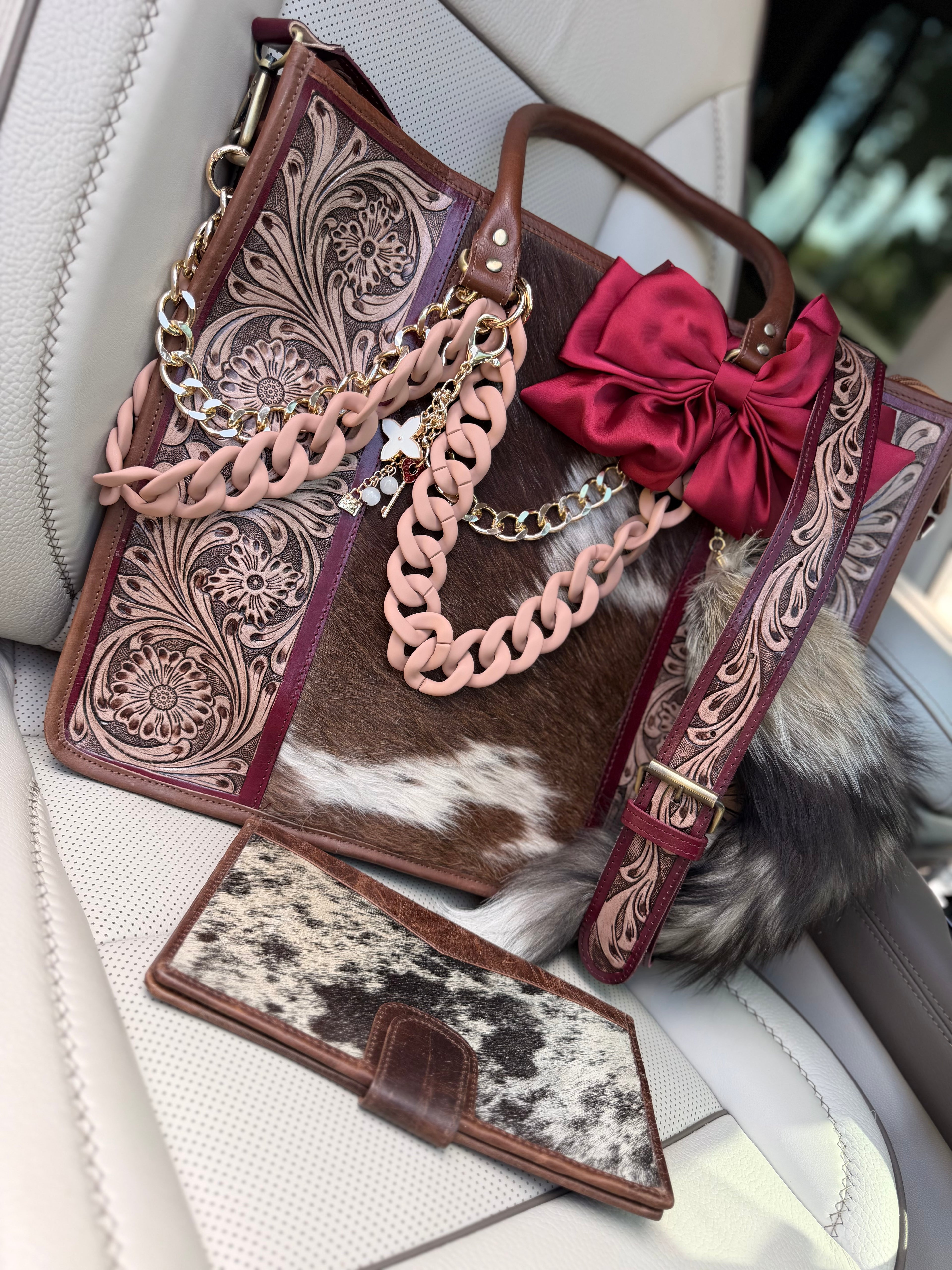 "Burgundy Beauty" Dressed cowhide and brown tooled leather tote bag/ wallet combo