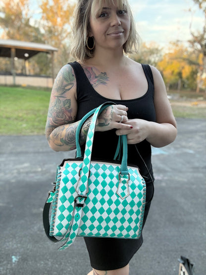 Medium TEAL checker print speedy tote