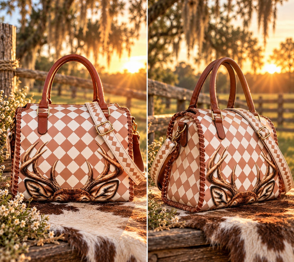 Deer antler Tan and cream  tooled leather speedy (M)