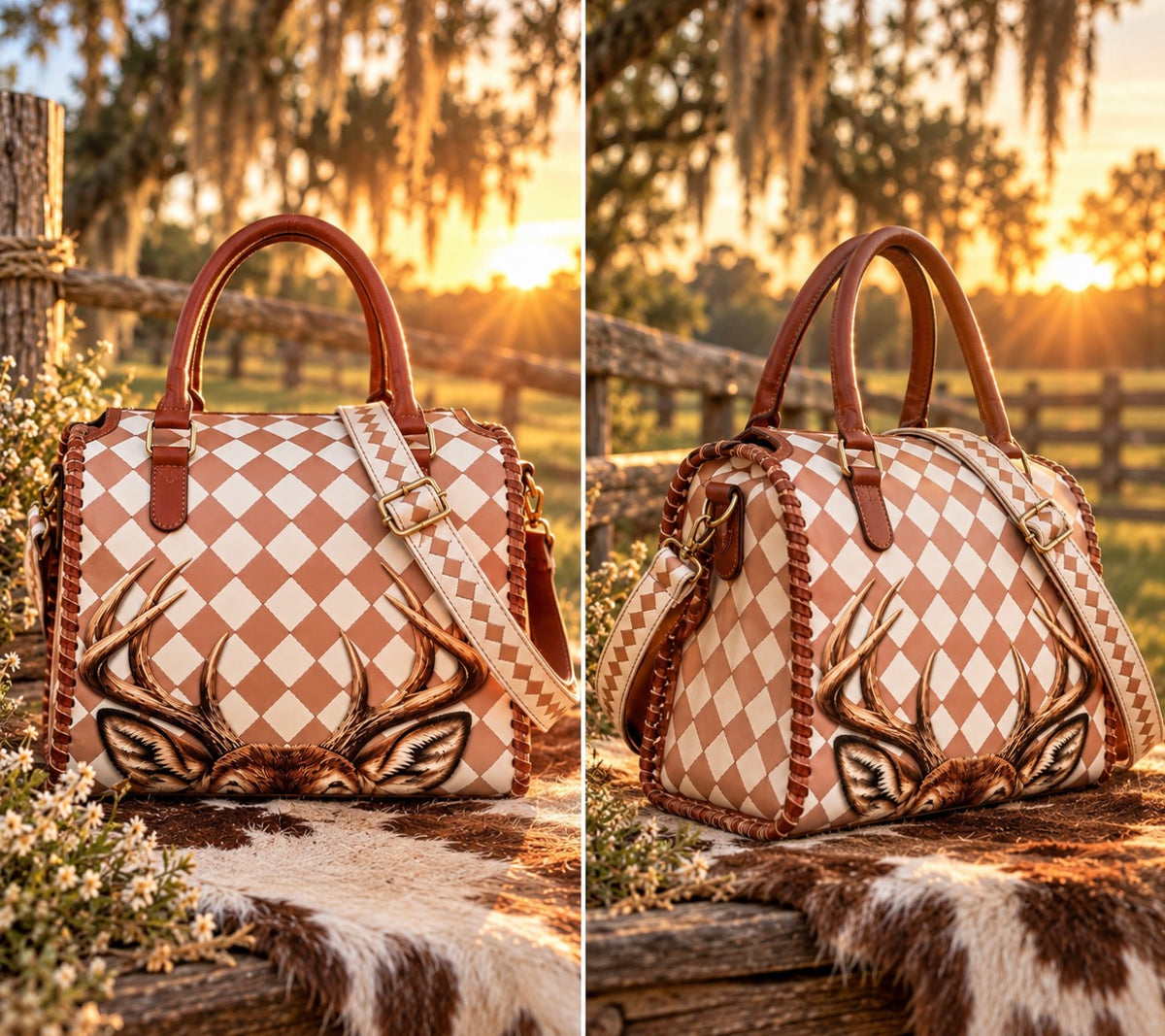 Deer antler Tan and cream  tooled leather speedy (M)