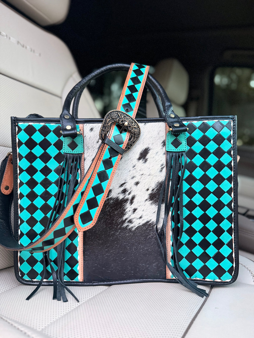 Cowhide and teal checker Tooled leather tote bag with fringe-