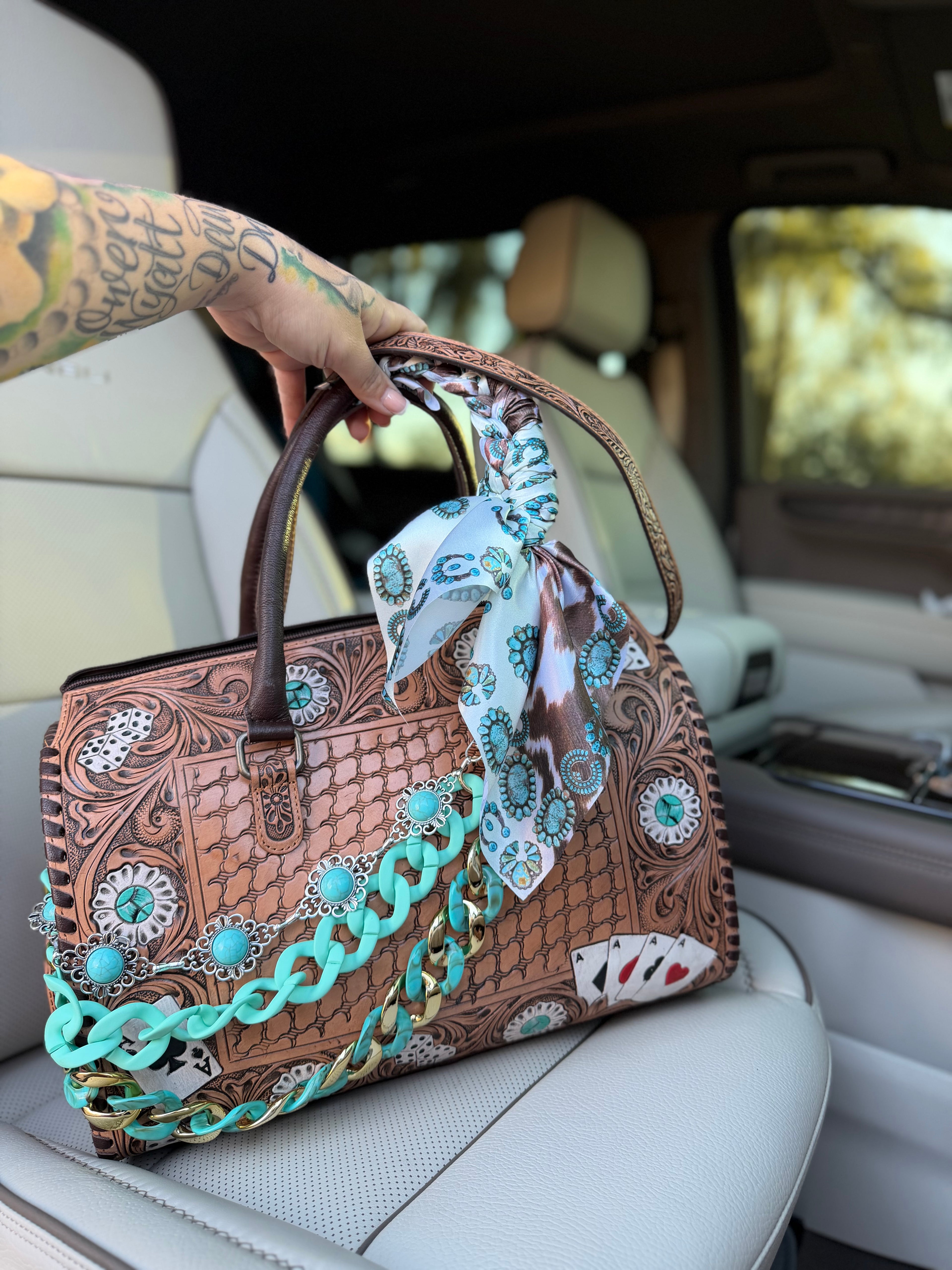 “The Turquoise High Roller”- tan tooled leather speedy Duffle