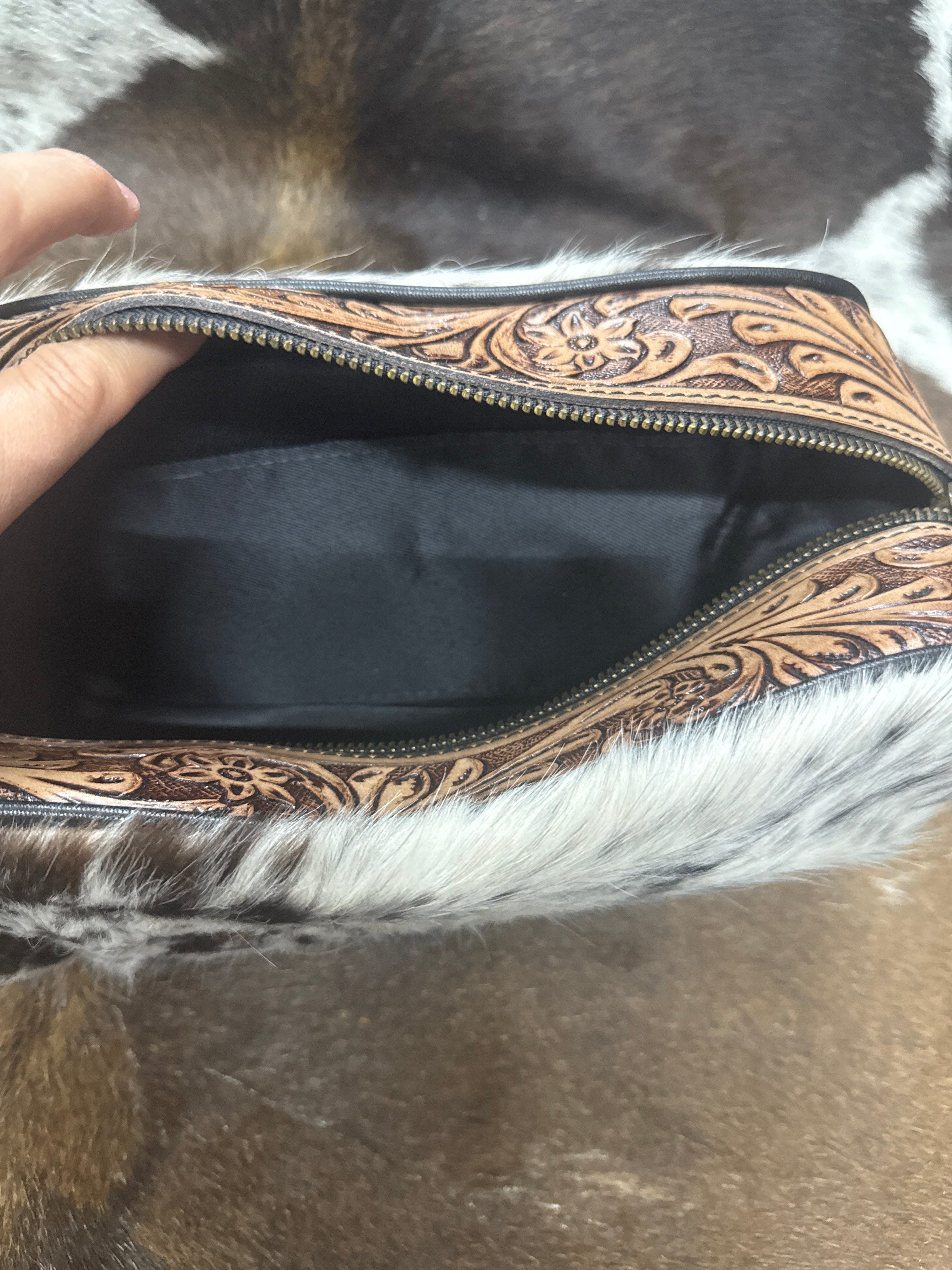 Cowhide and Tooled leather Makeup bag