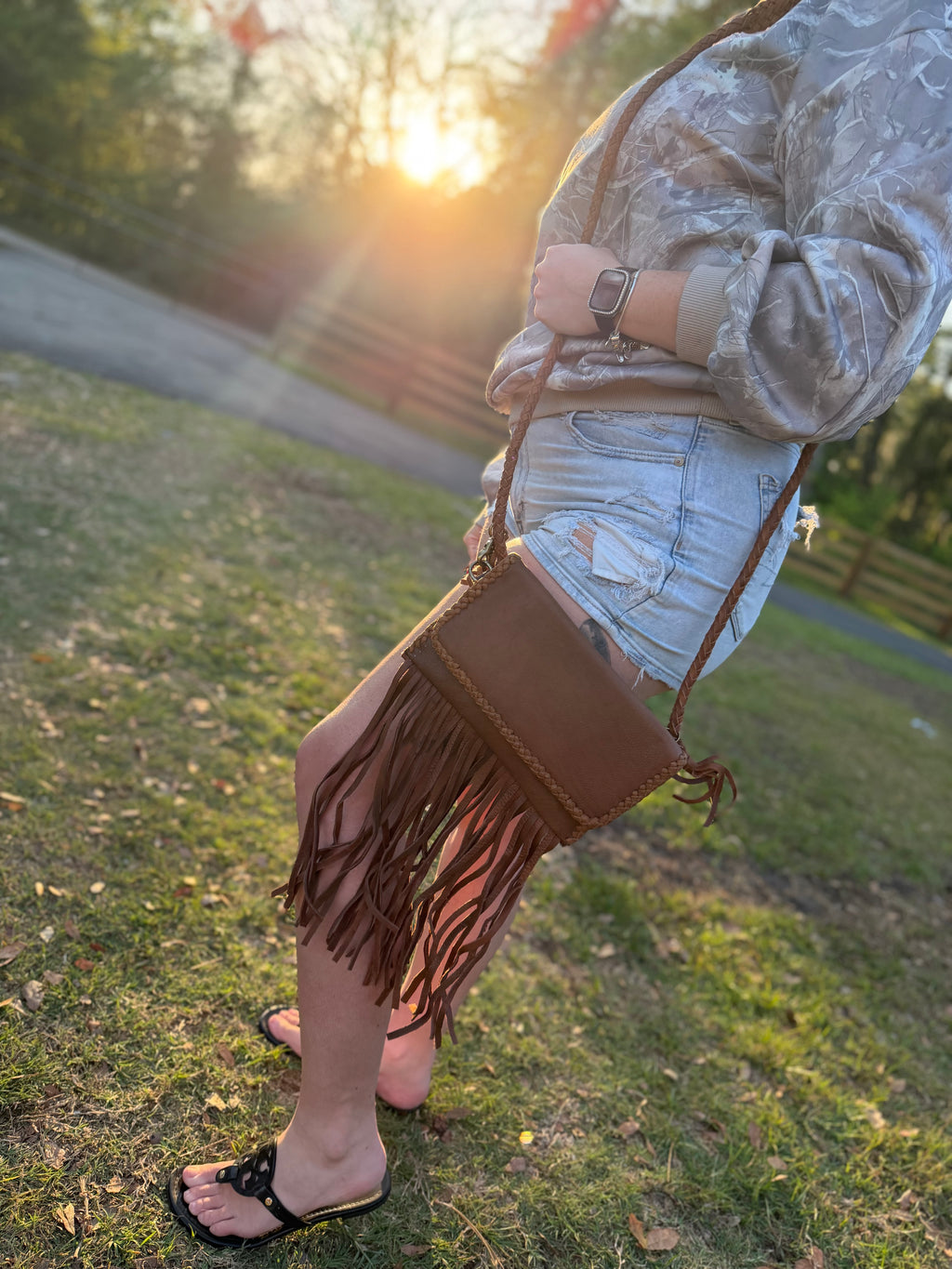 Brown Leather fringe crossbody purse