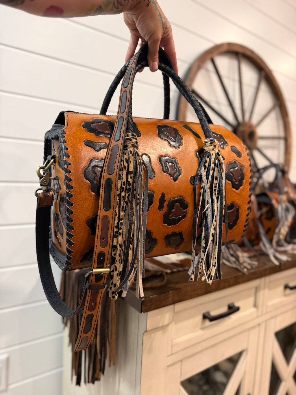Fringe cheetah tooled leather speedy duffle (L) (Copy)