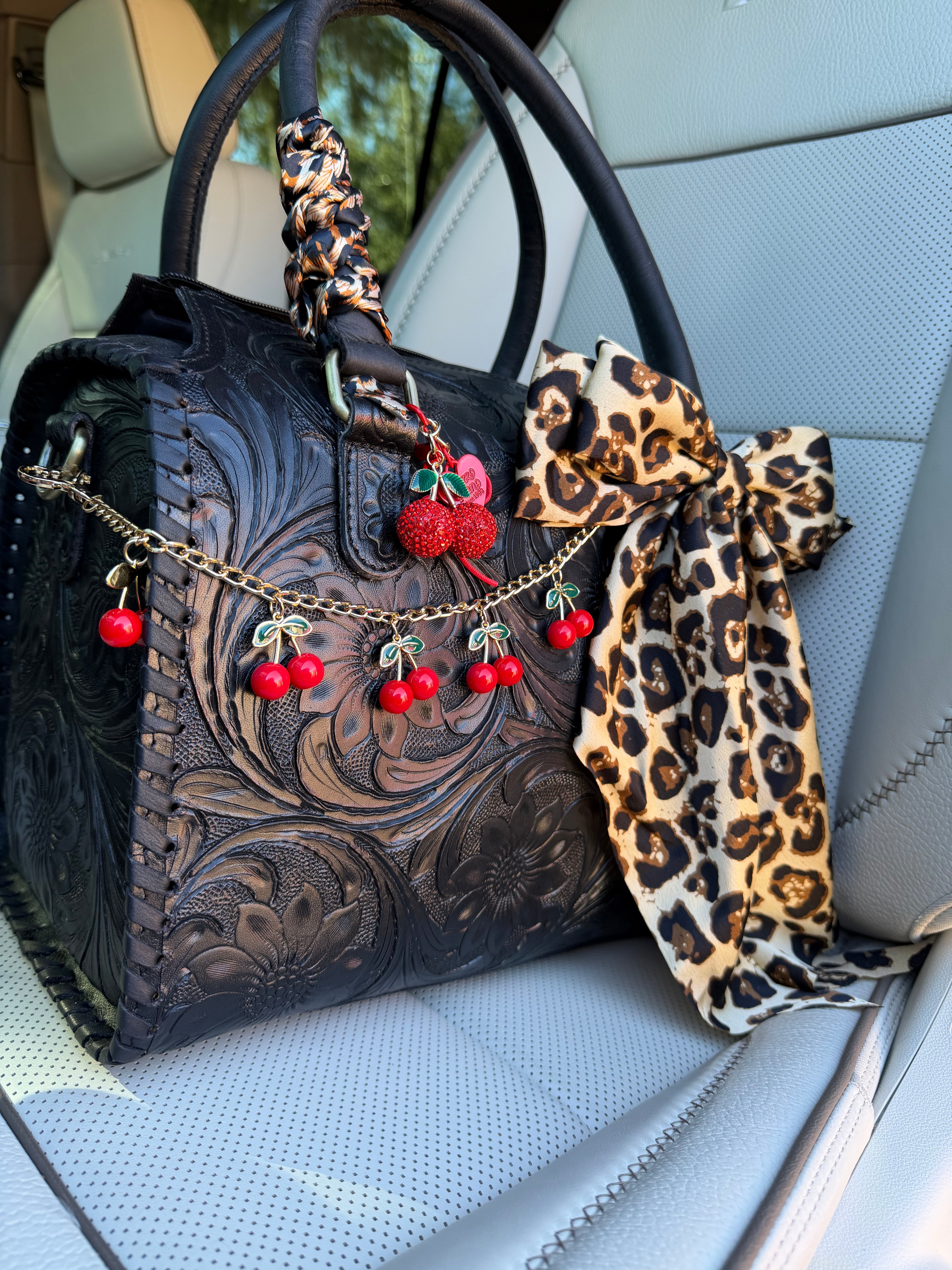 “Leopard Kiss”- black tooled speedy tote, red/cheetah/black accents