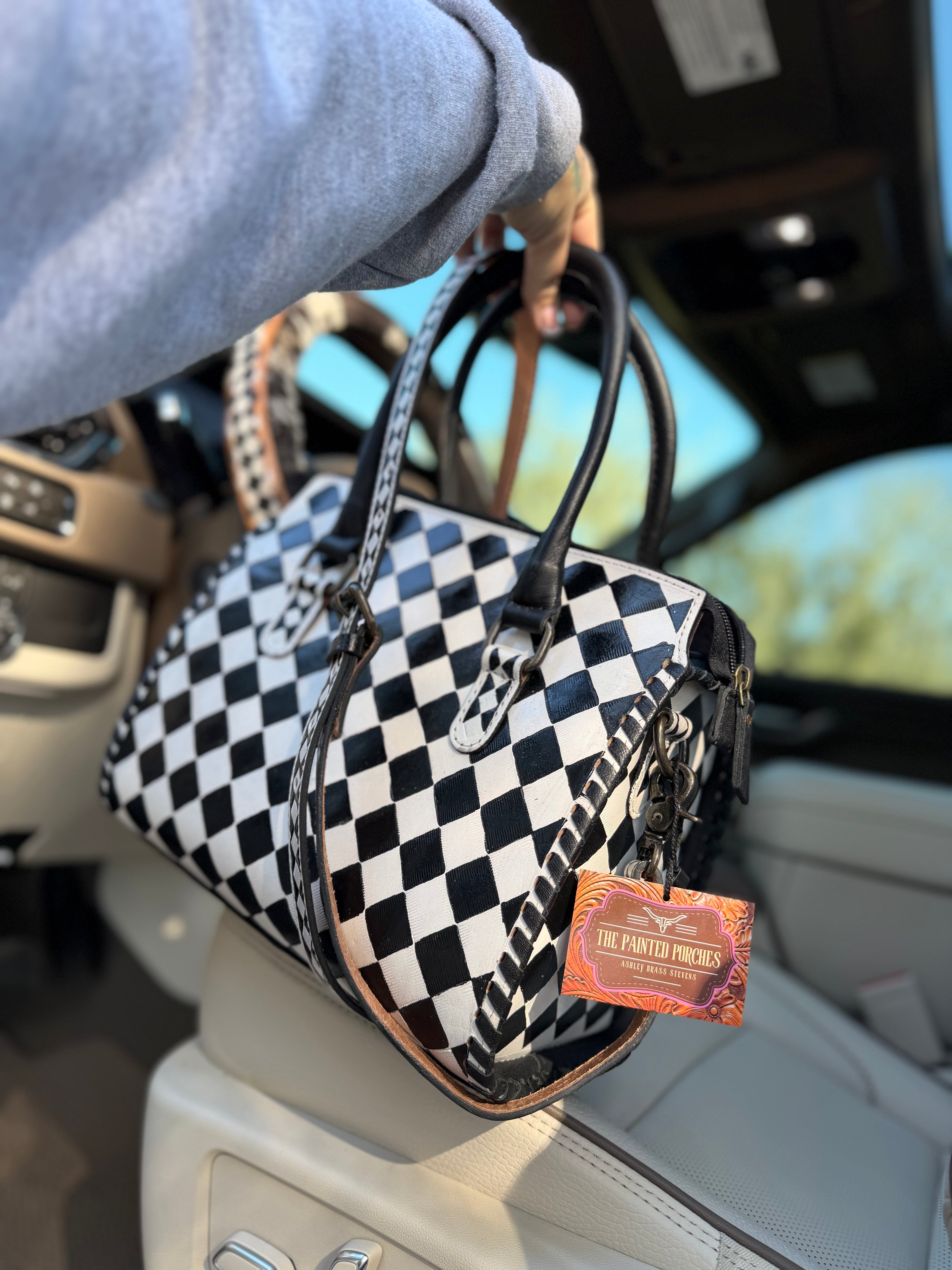High-quality  checker, print, hand-painted tooled leather speedy (Medium)