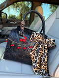 “Leopard Kiss”- black tooled speedy tote, red/cheetah/black accents