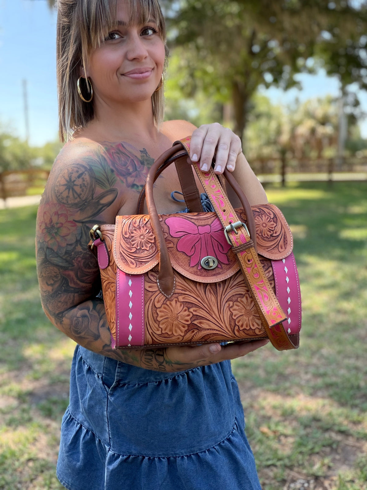 "SweetHeart" pink and tooled leather bow bag