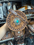 Brown tooled canteen purse with turquoise