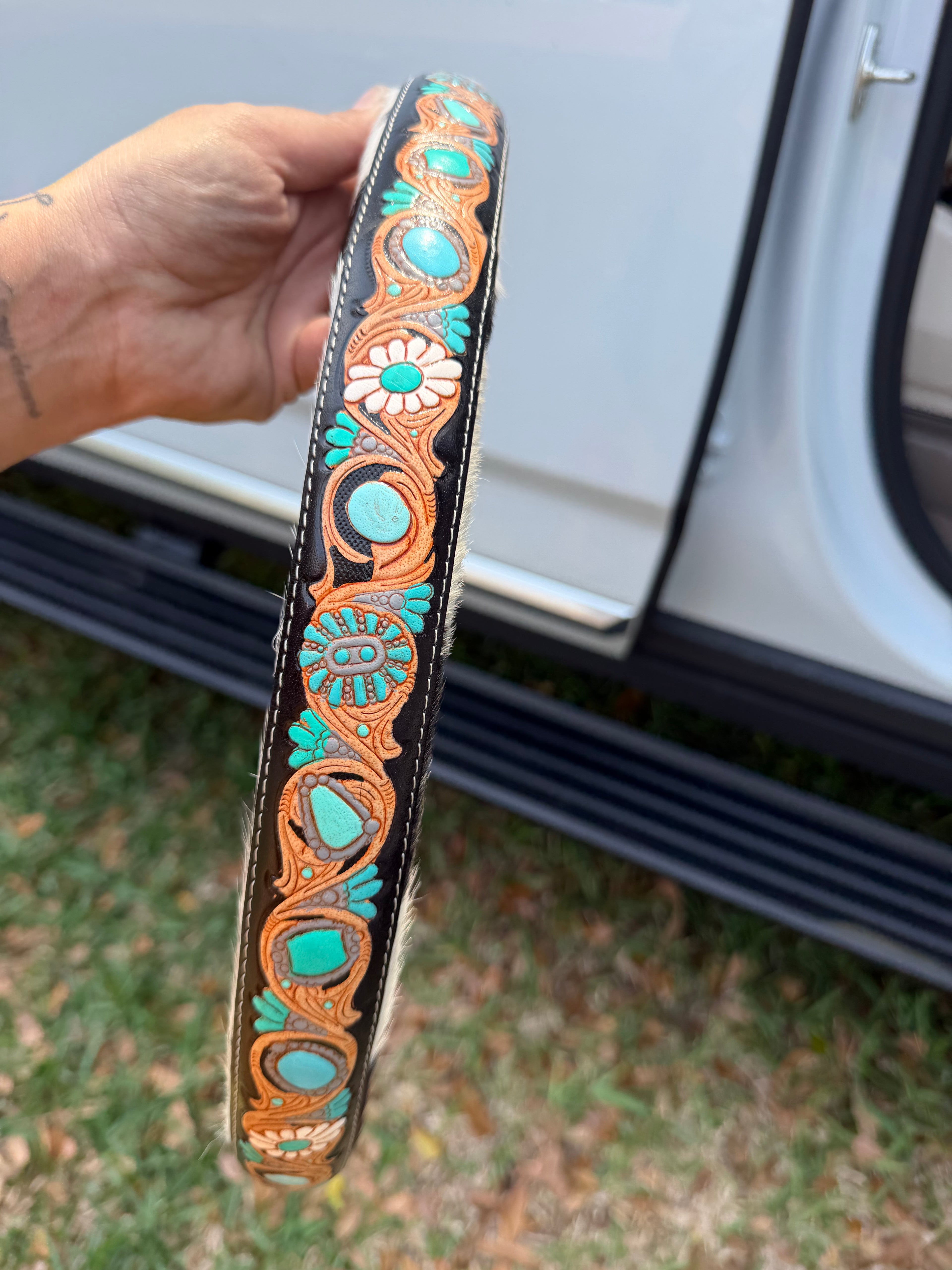 16 “ tooled leather cowhide steering wheel cover - read description before purchase