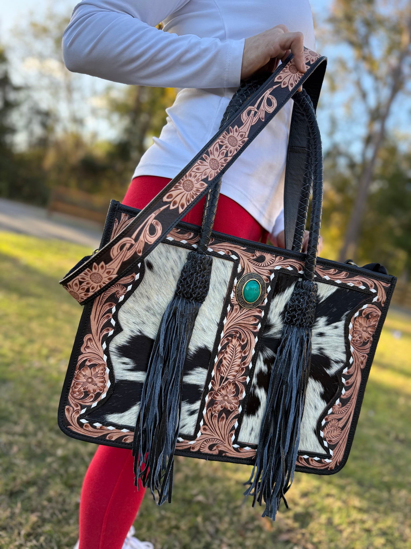 Large cowhide and tooled leather fringe Tote bag