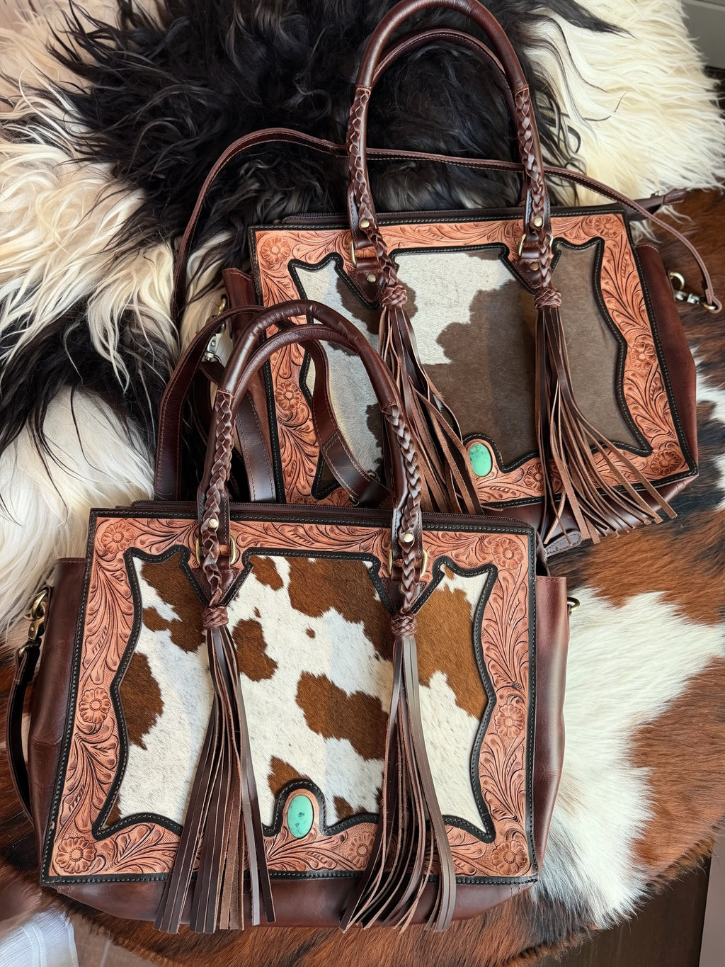 Cowhide Tooled leather tote bag with fringe