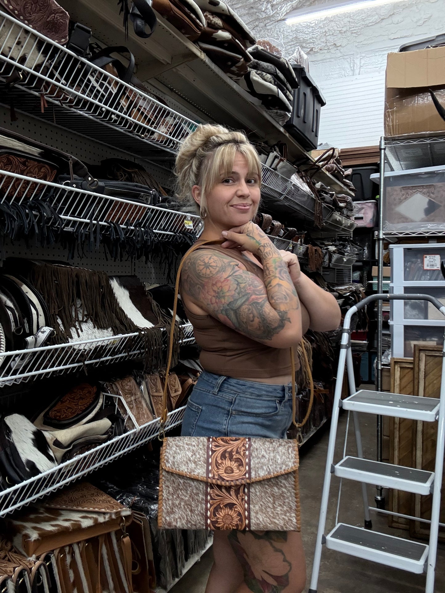 Tooled cowhide purse