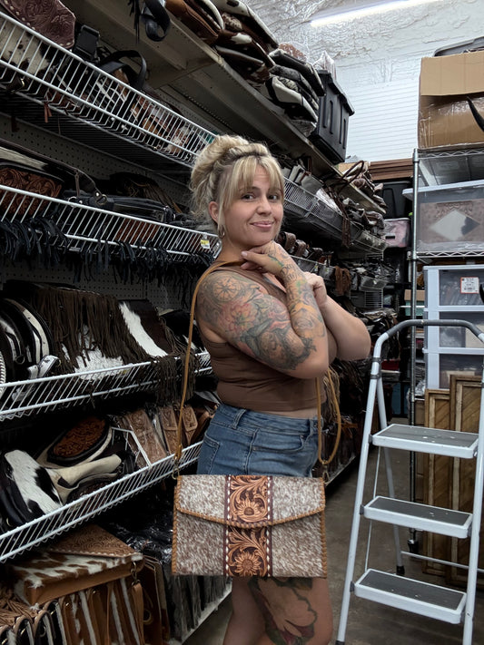 Tooled cowhide purse
