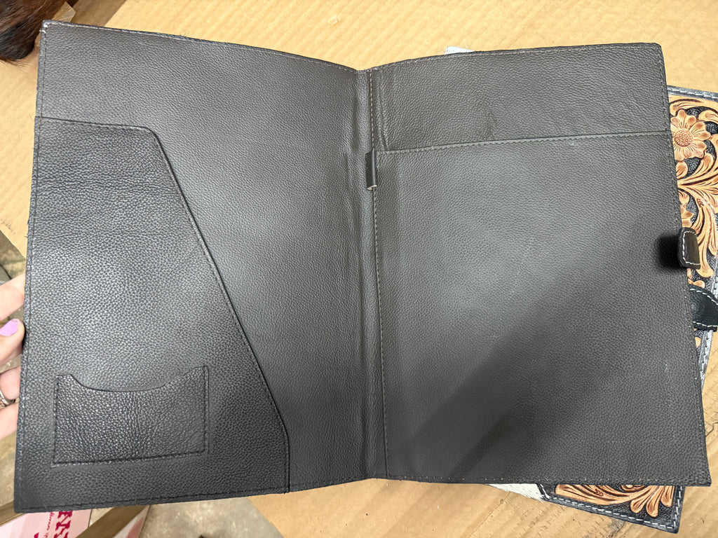 Cowhide and tooled leather notebook portfolio cover