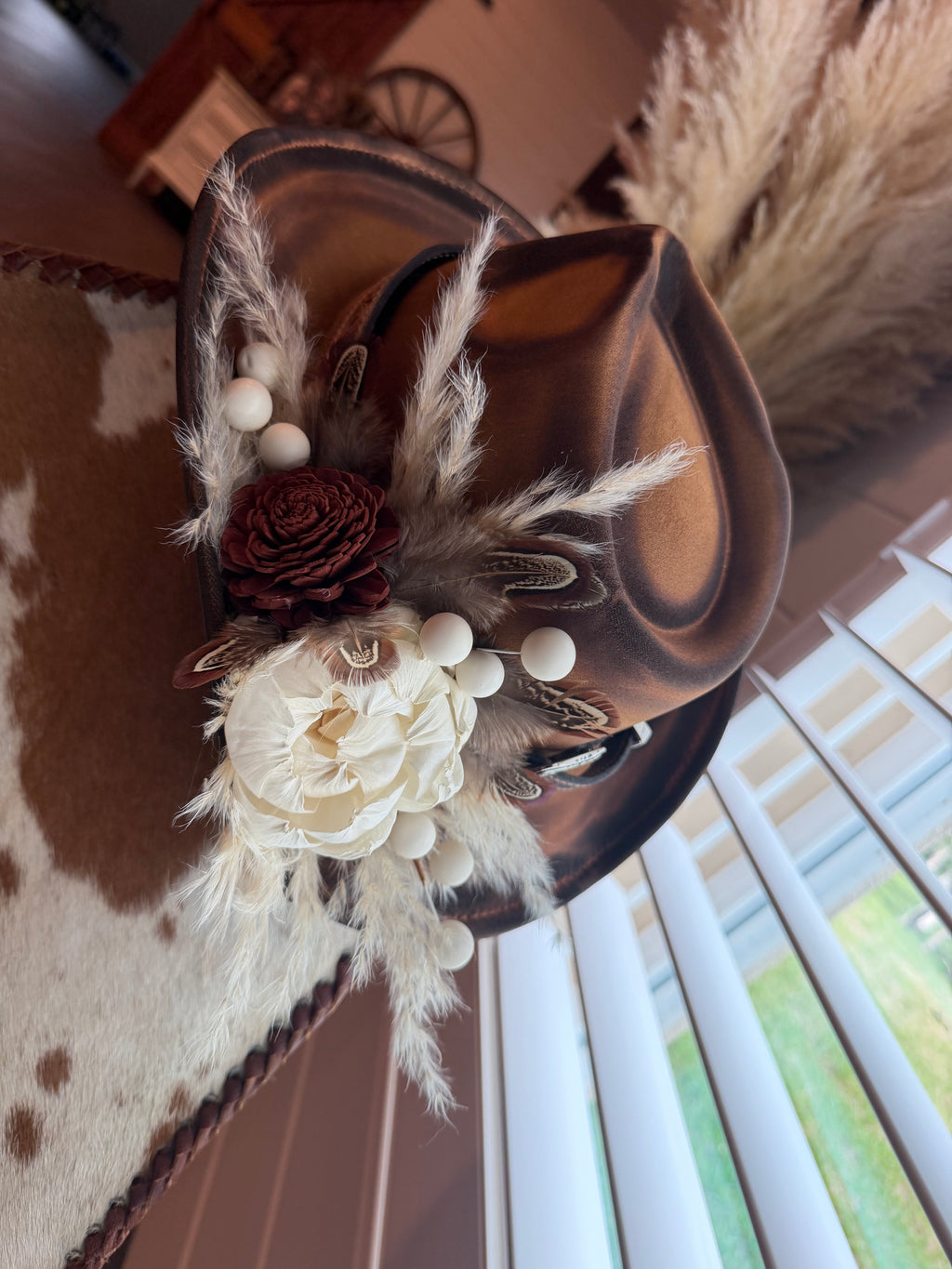 Floral Cowgirl  hat with tooled leather hat belt