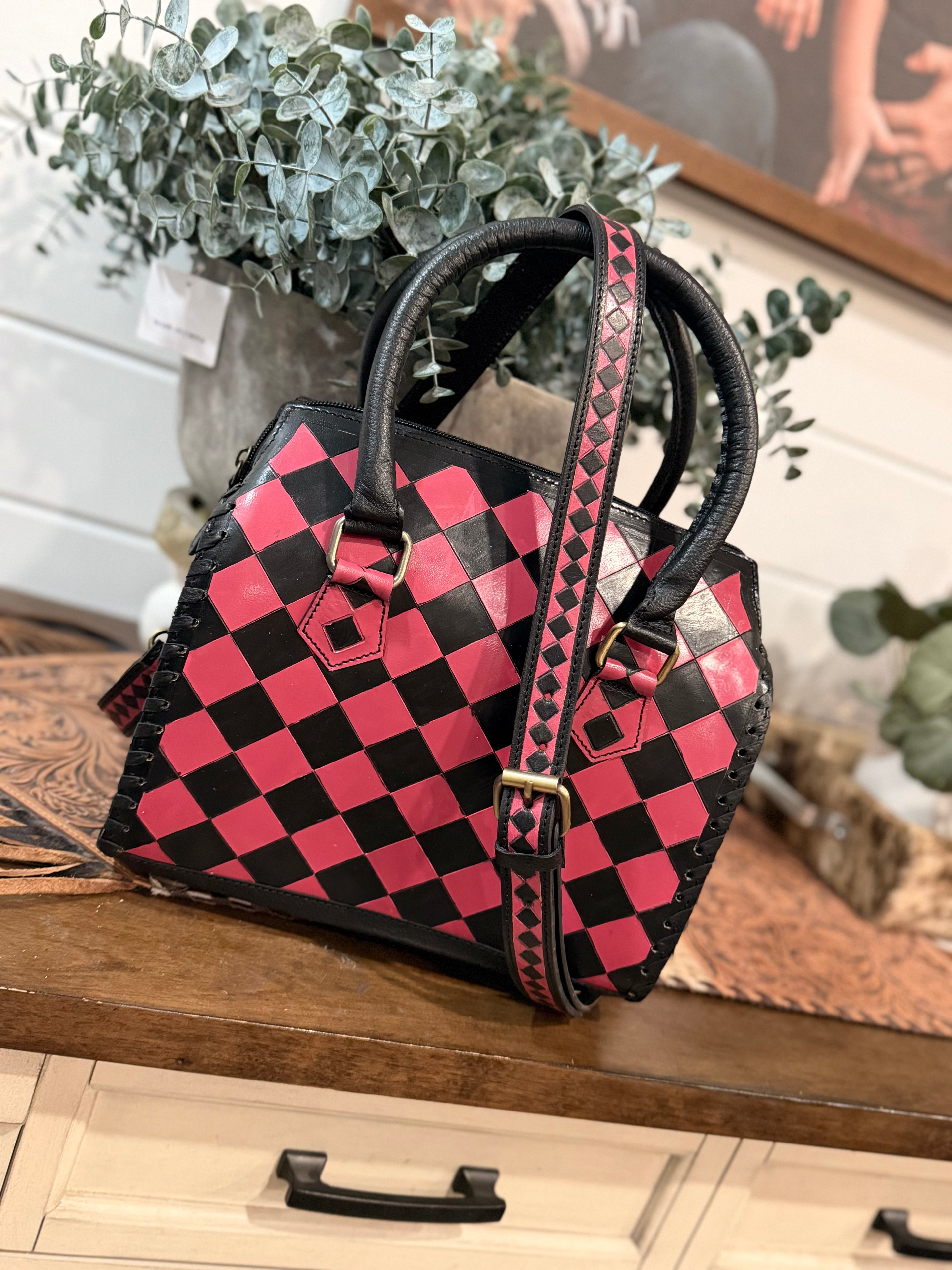 Hot pink / black checker tooled leather speedy (M)