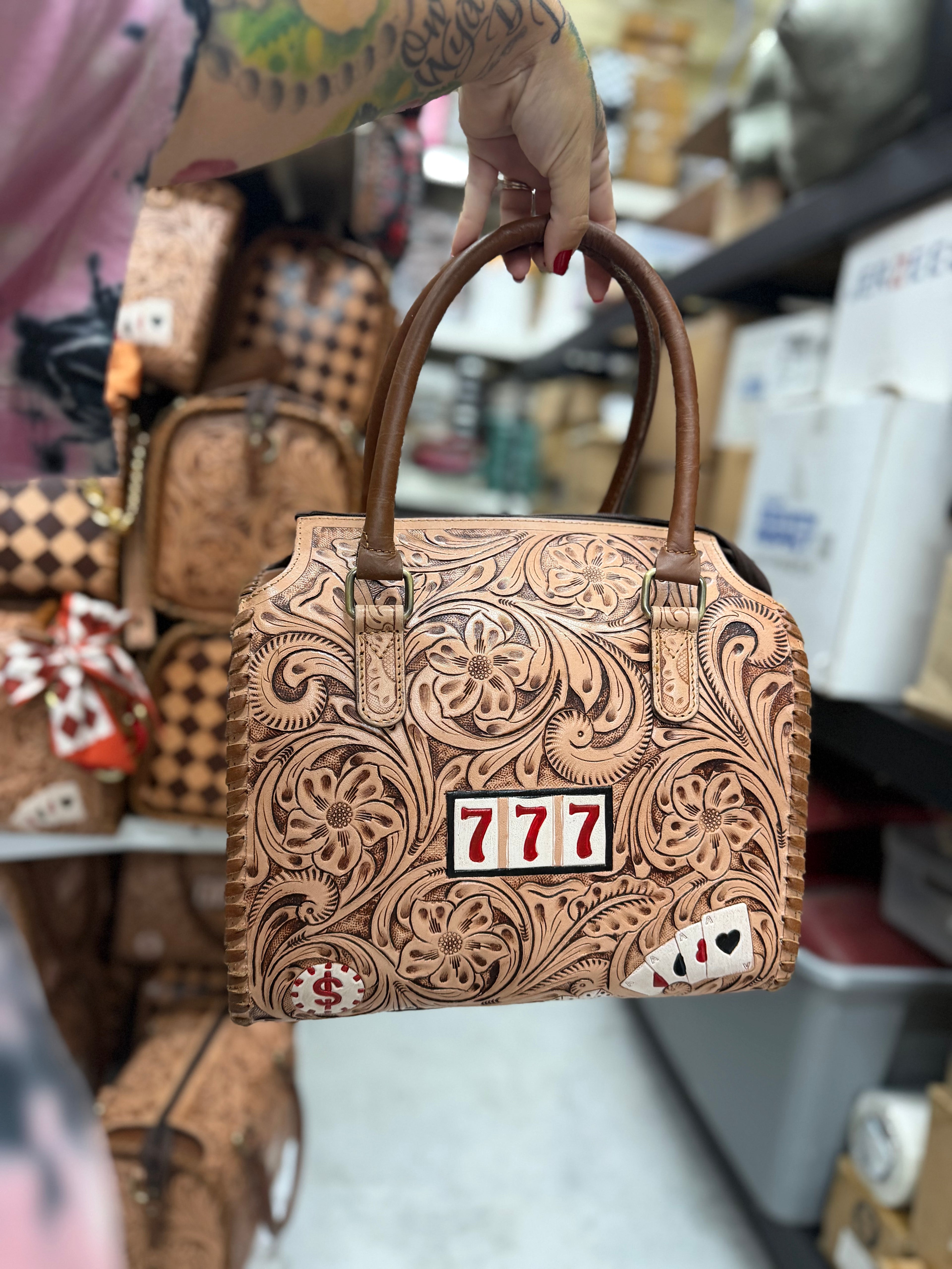 777 brown tooled leather speedy bag (L)