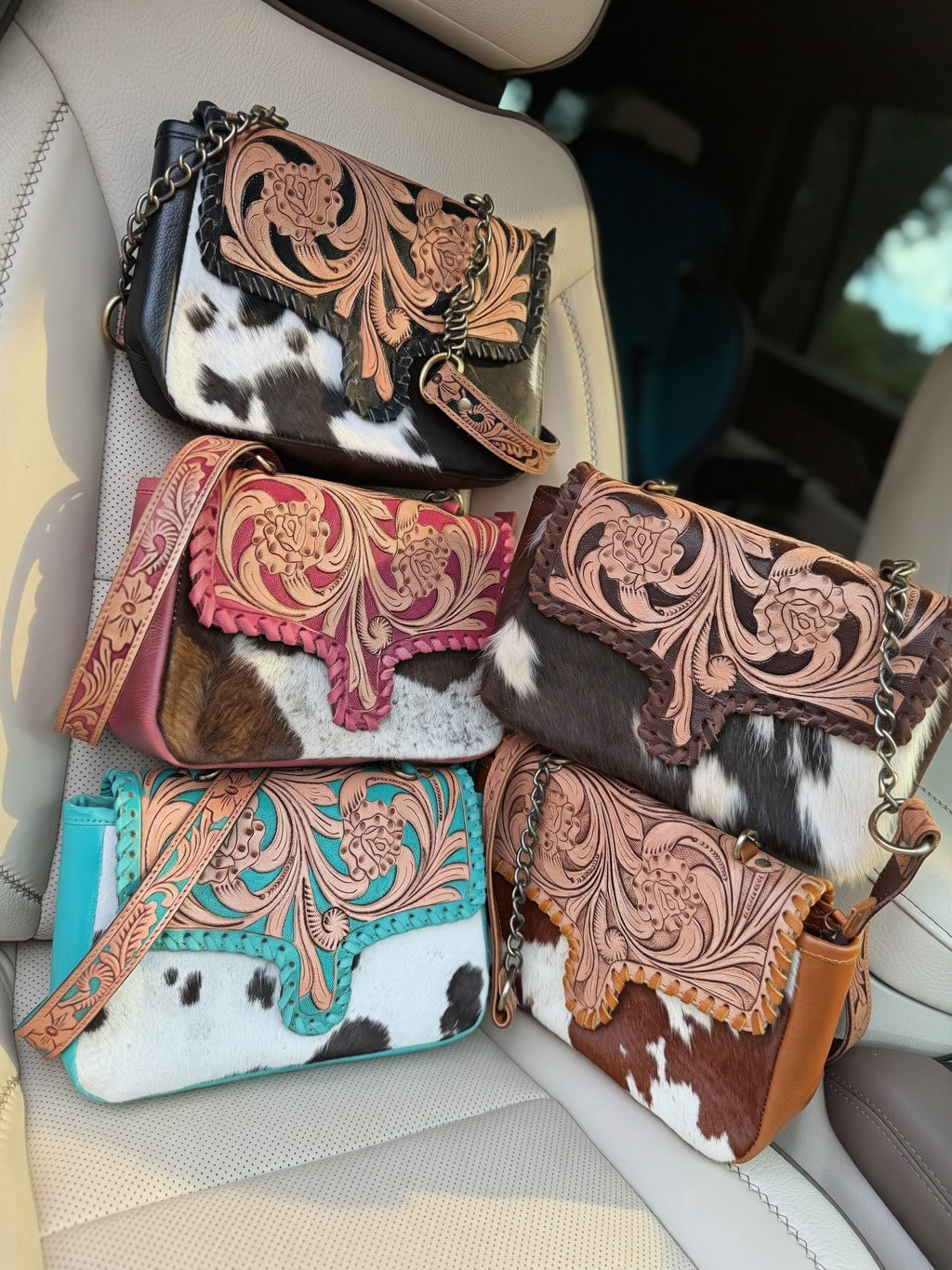 Tooled leather and cowhide crossbody bag