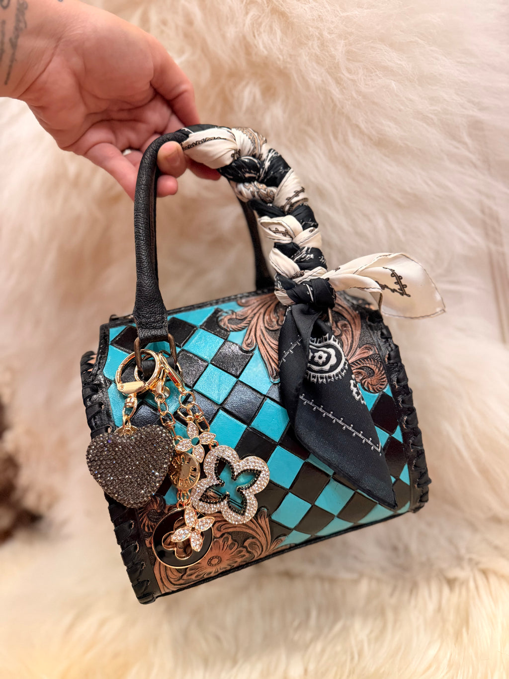 "Electric cowgirl" - turquoise checker tooled leather speedy (mini)