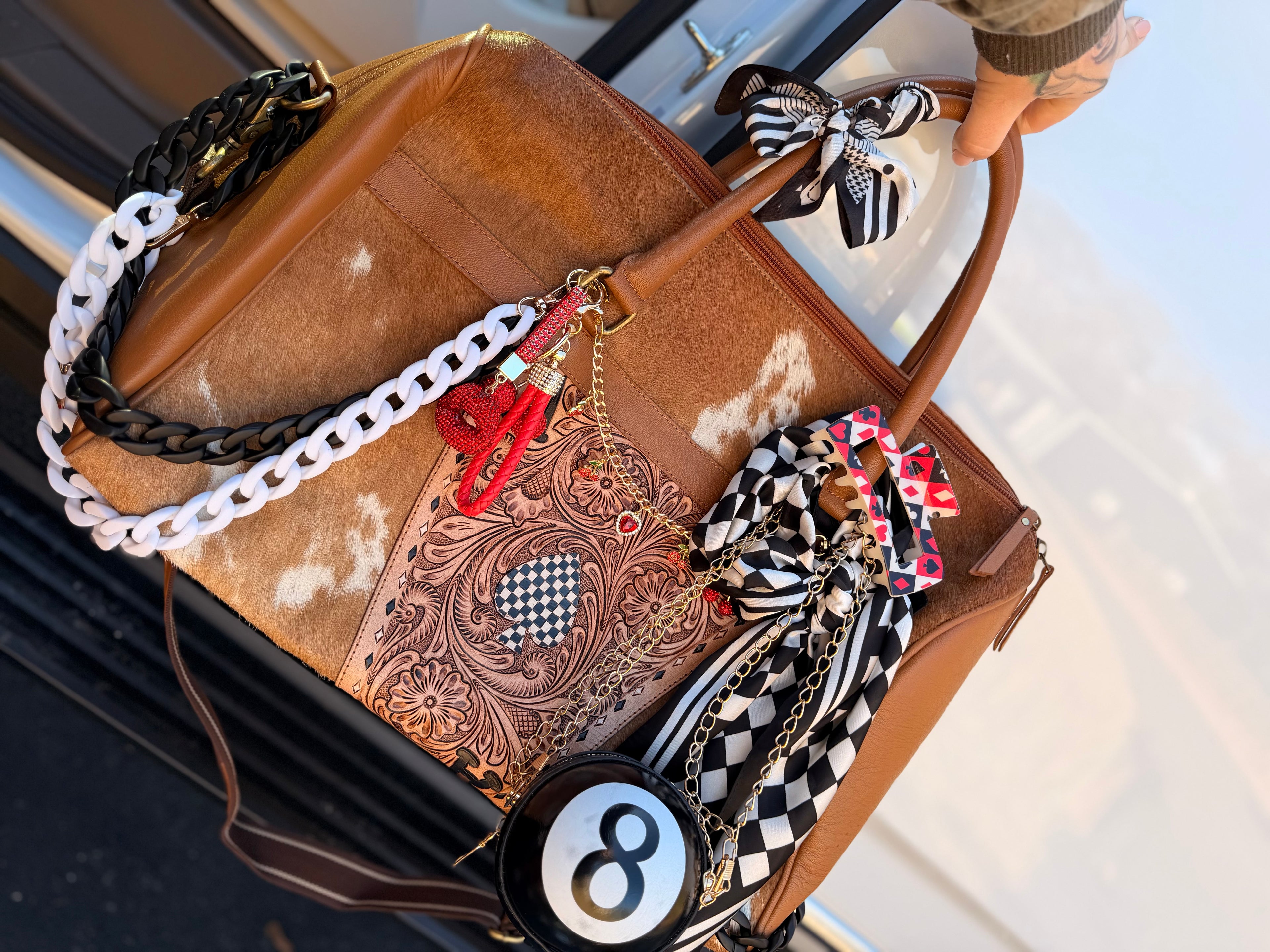"Ace of Spades tan traveler" - checker tooled leather speedy Duffle