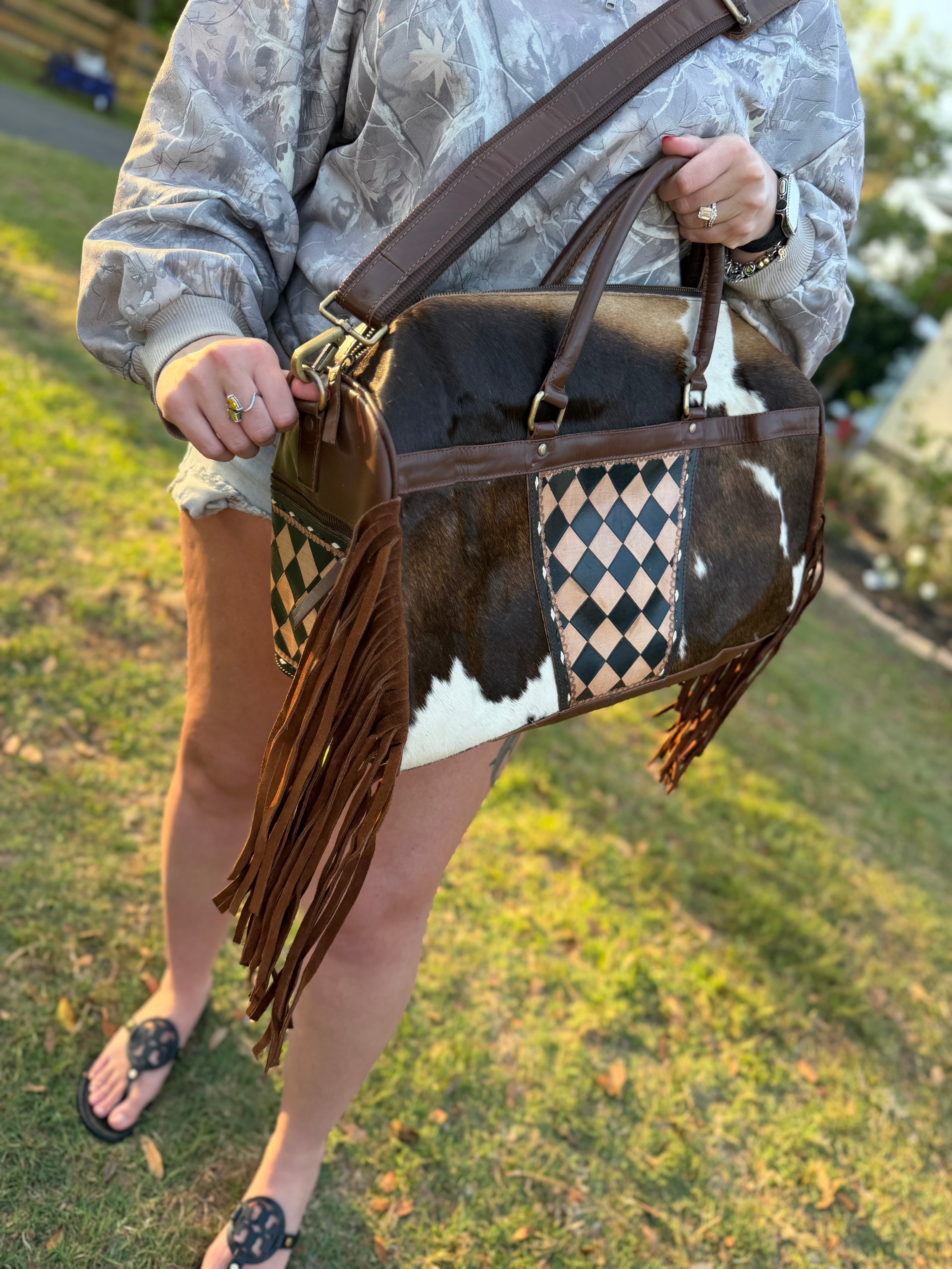 Brown checker duffle fringe