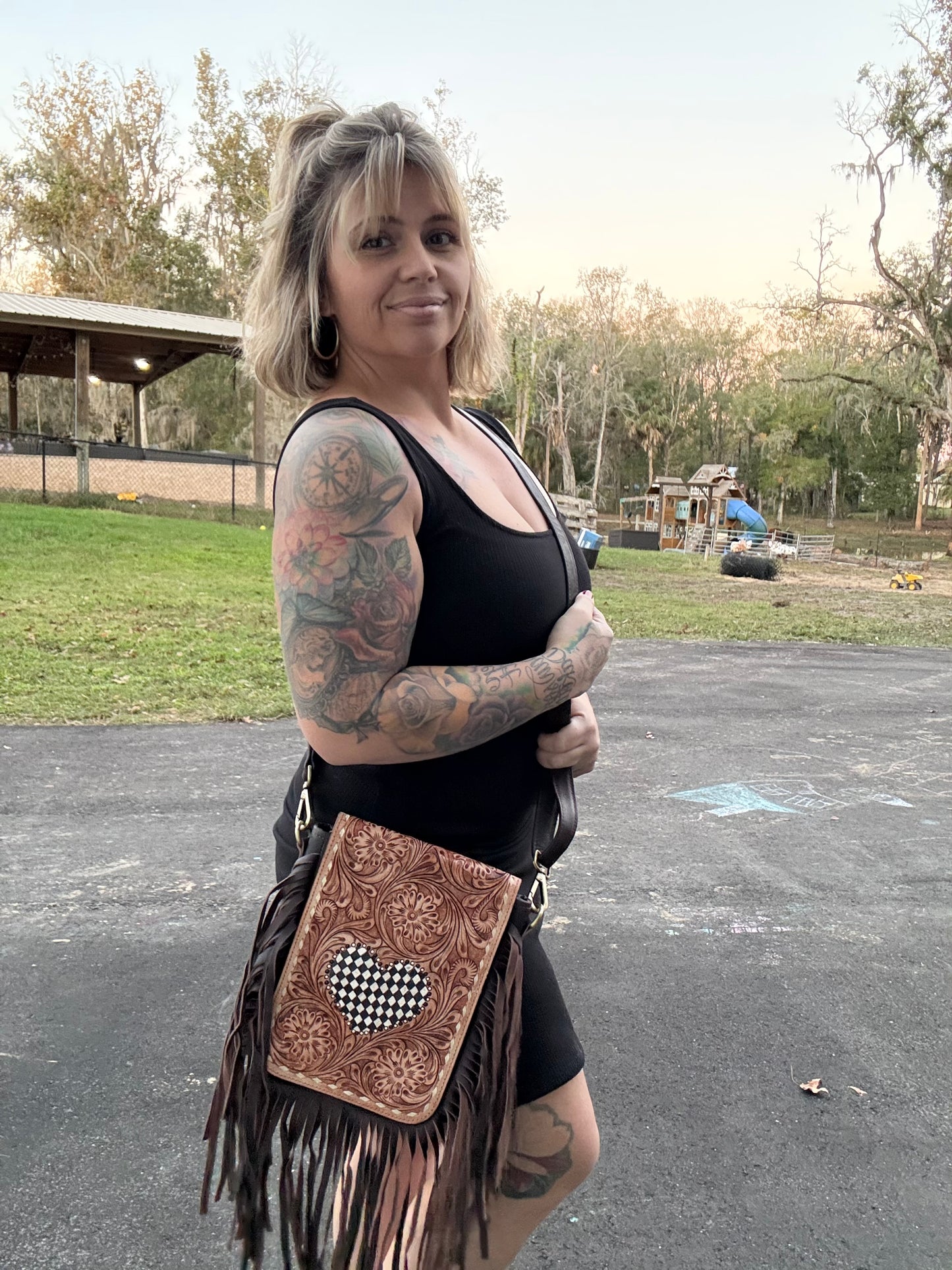 Checker print heart fringe purse and keychain set