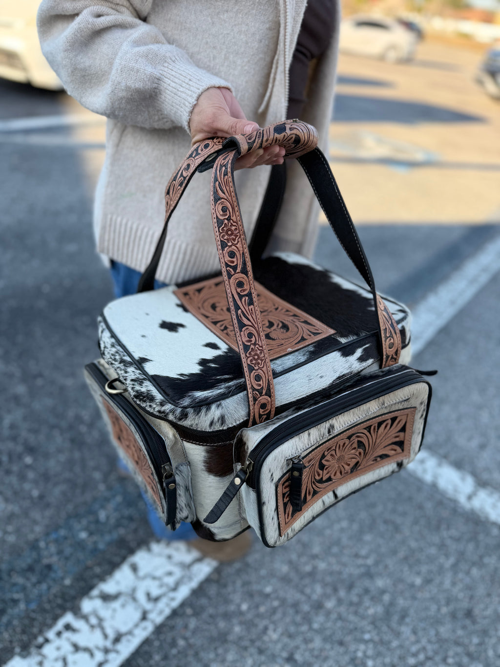 XL size - Dark color and white hide TOOLED leather/ cowhide Lunch bag