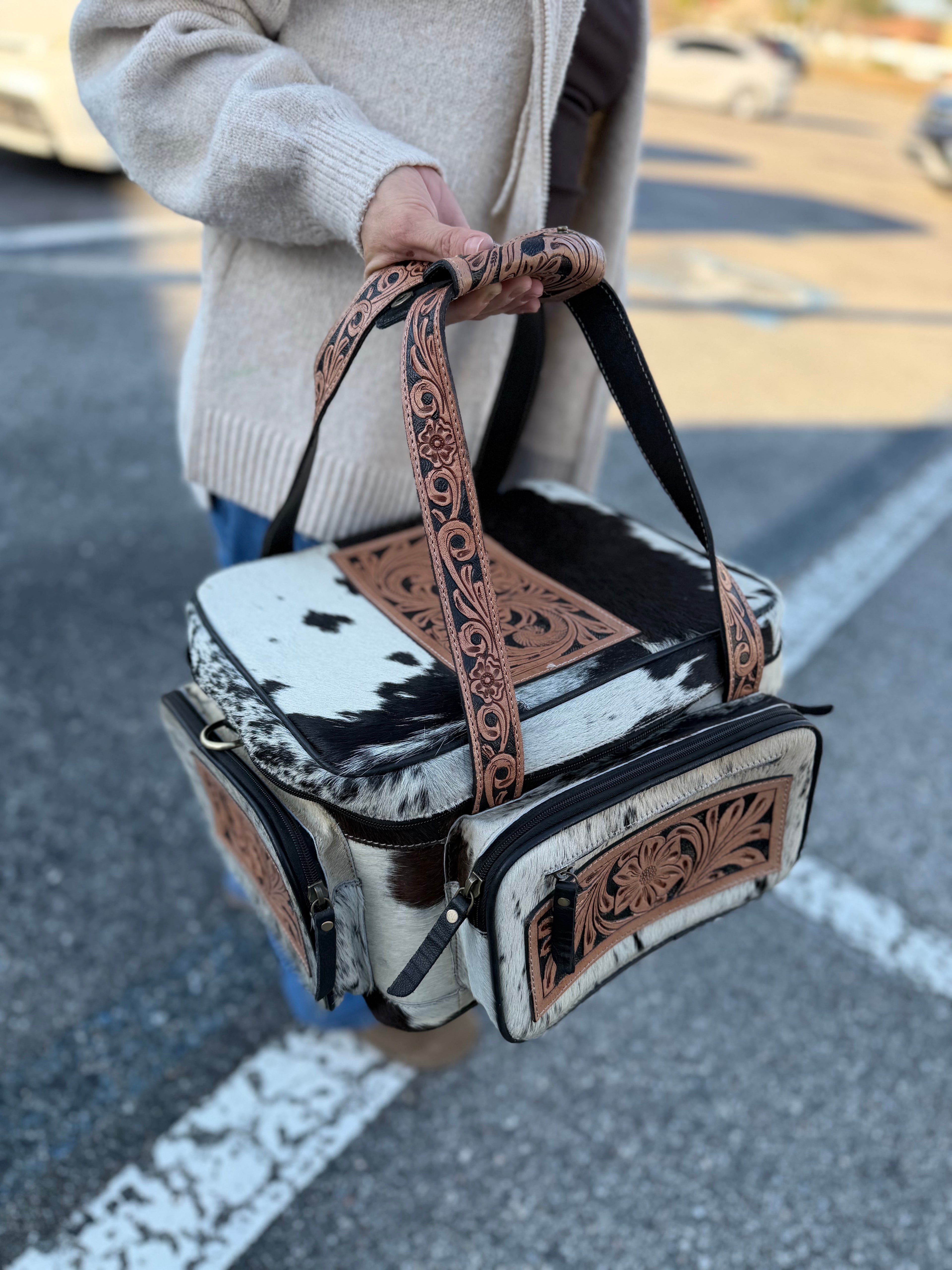 XL size - Dark color and white hide TOOLED leather/ cowhide Lunch bag