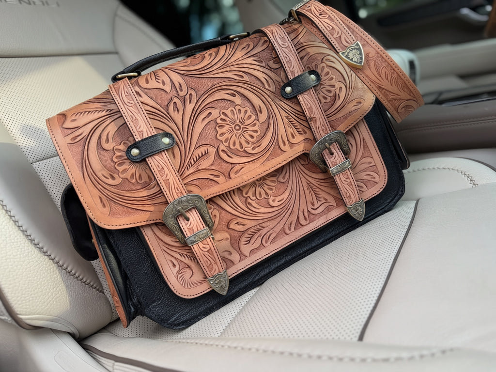 Laptop or overnight tooled leather -  tan with BLACK leather
