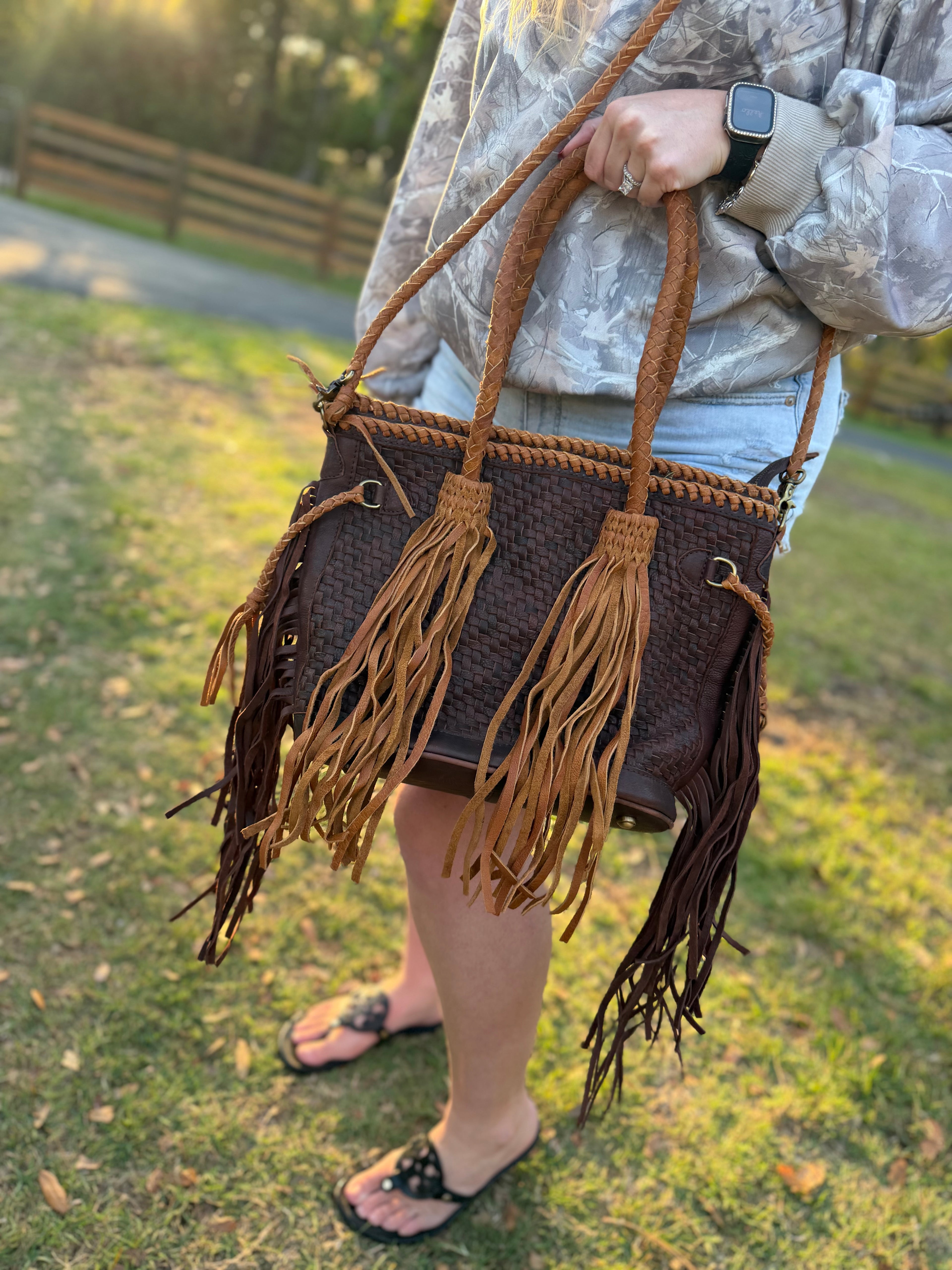 Dark brown Leather purse with fringe