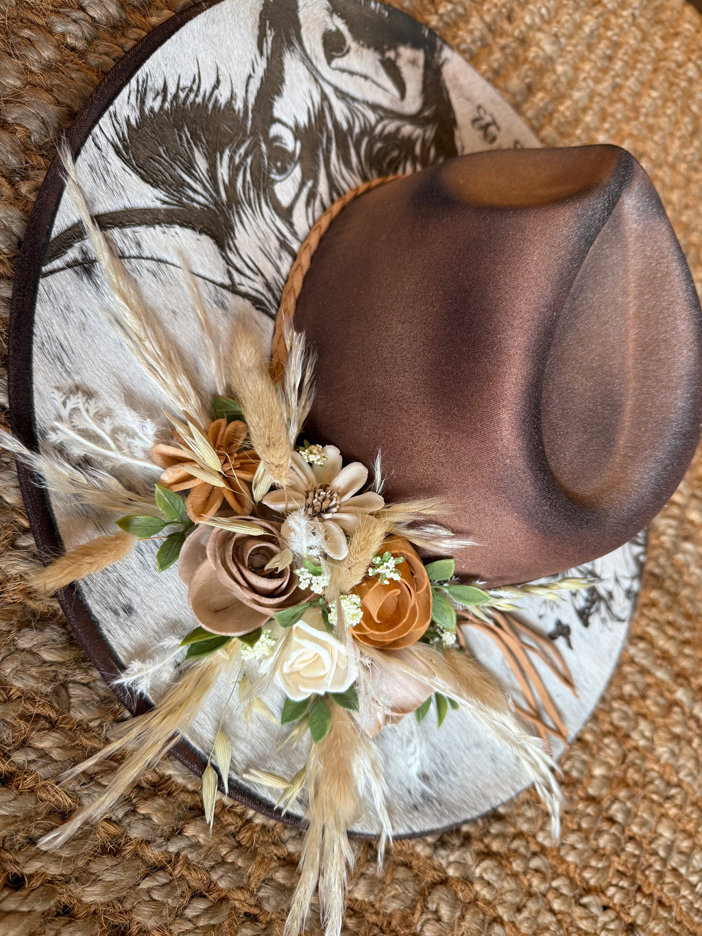 Cowhide hat - neutral Floral Highland cow