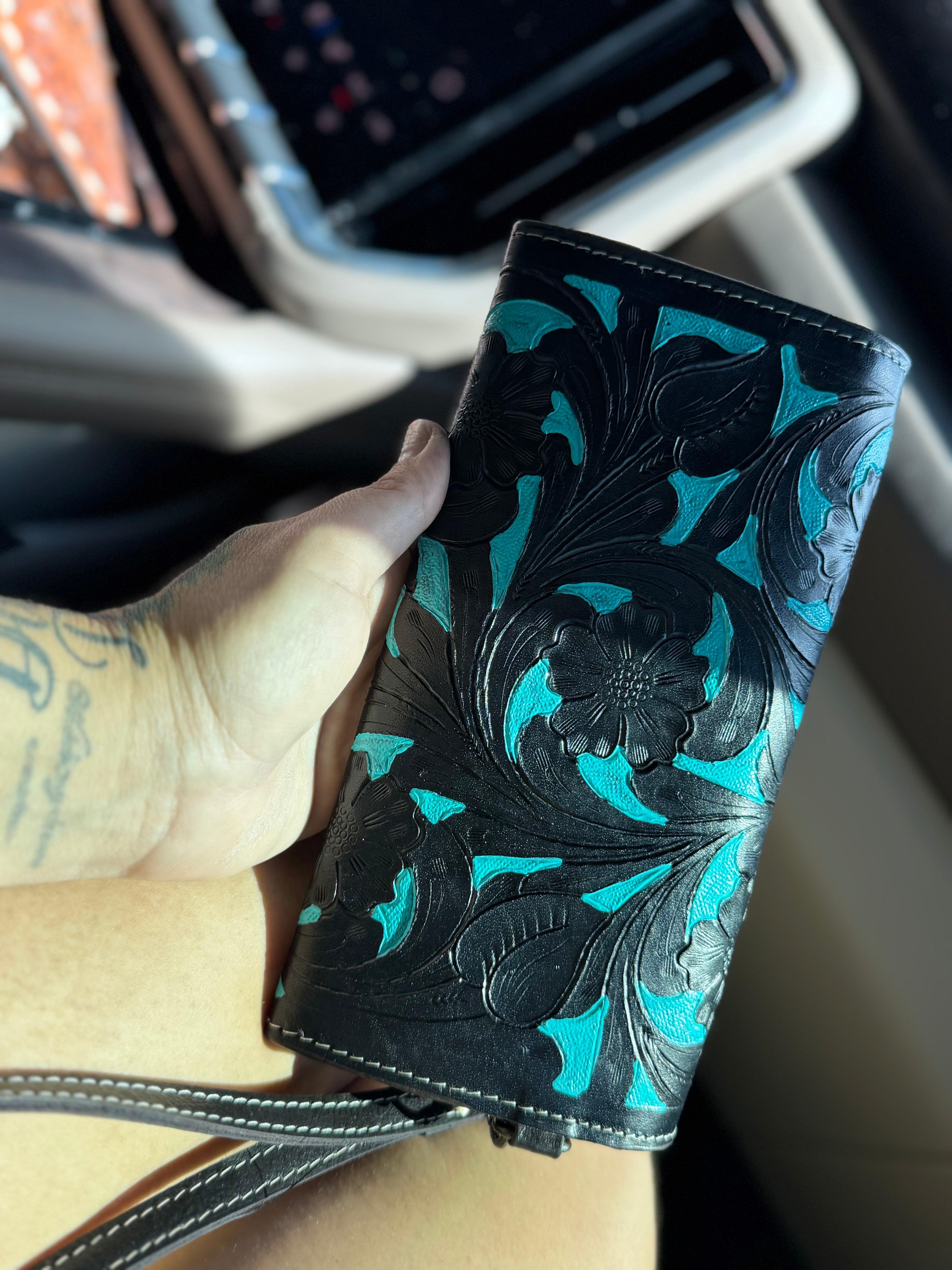 Tooled leather black and teal wallet