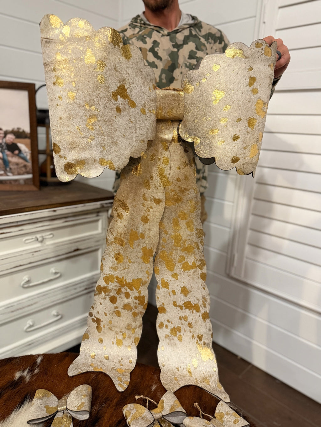 MASSIVE 40" cowhide bow for tree topper - GOLD acid wash (read description fully)