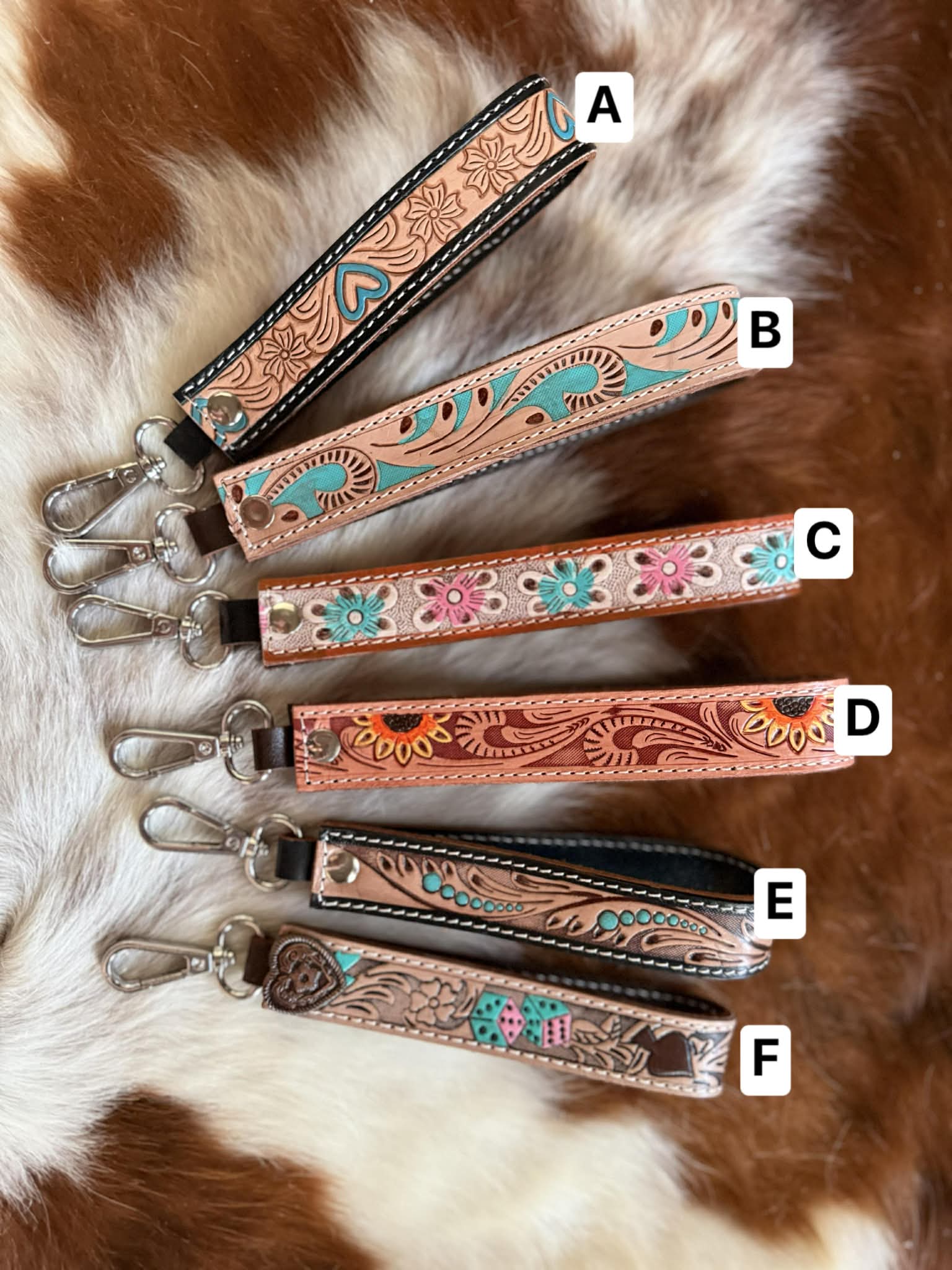 Pick your color tooled leather wristlet keychain