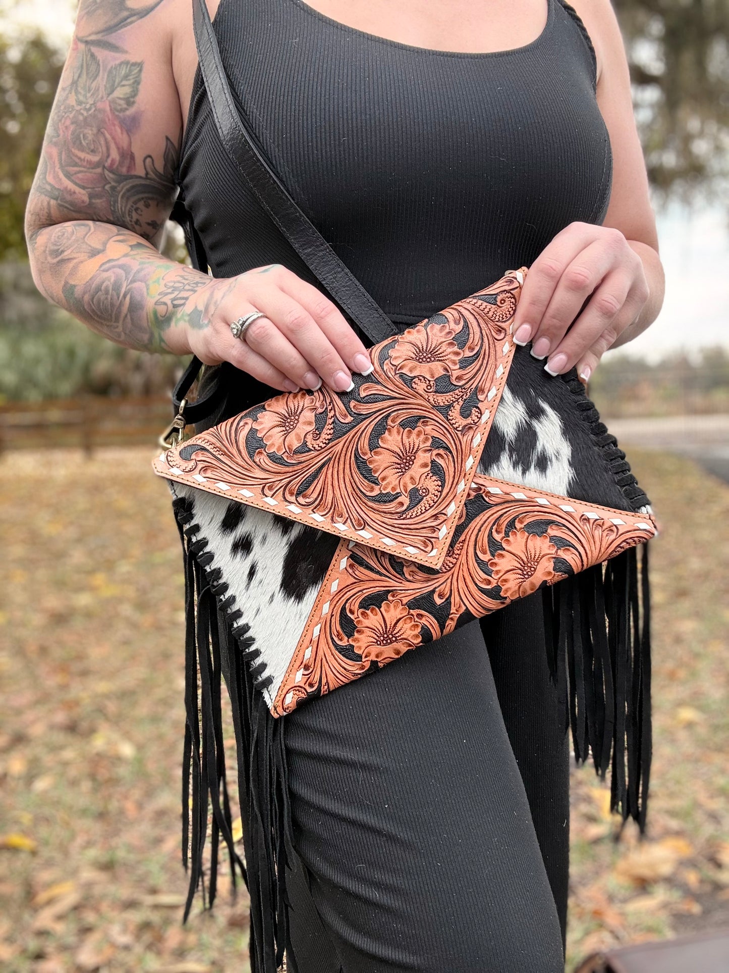 Tooled leather/ cowhide envelope purse