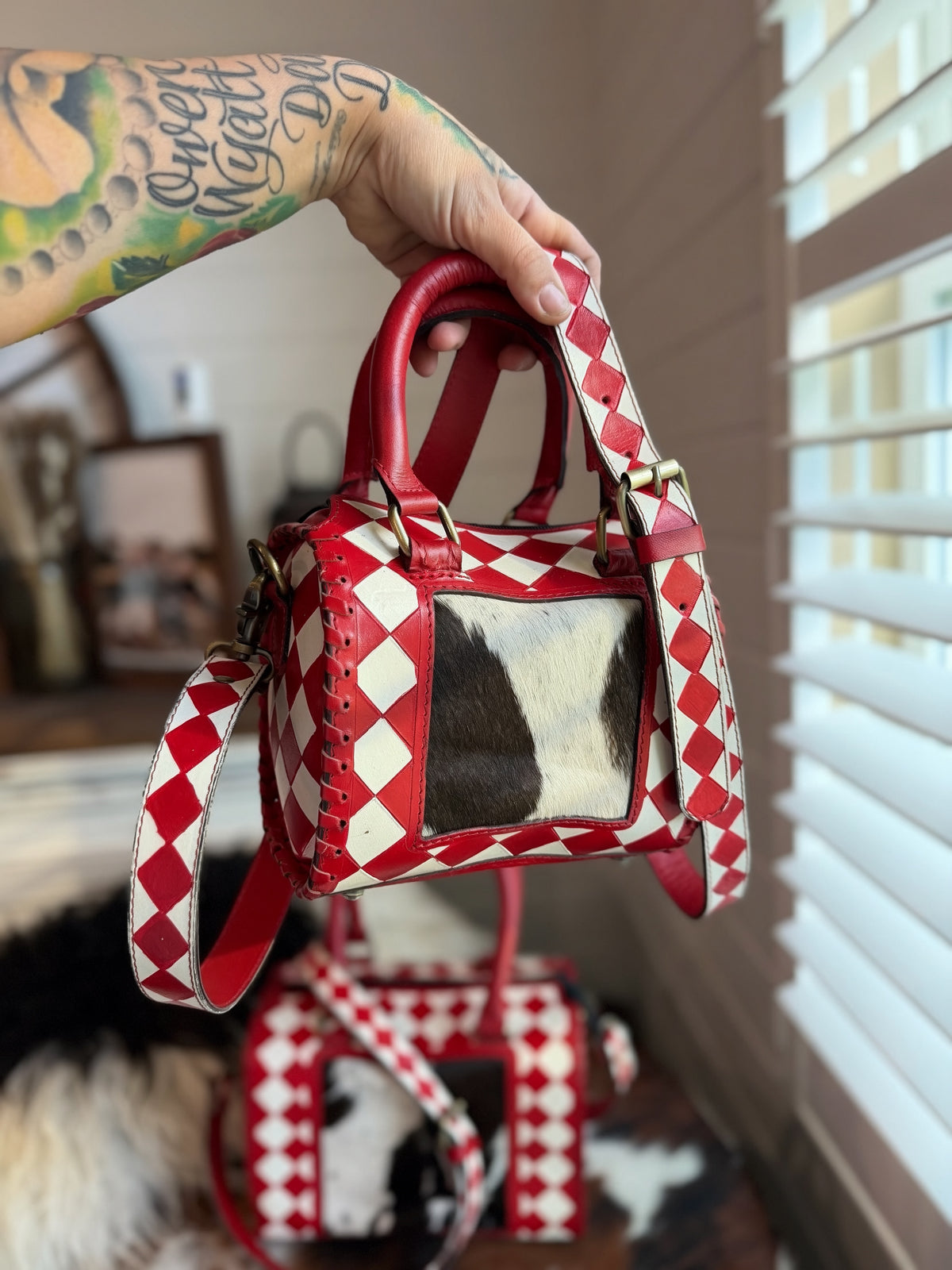 Red/white checker tooled leather / Cowhide -  speedy ( 2 sizes avail )