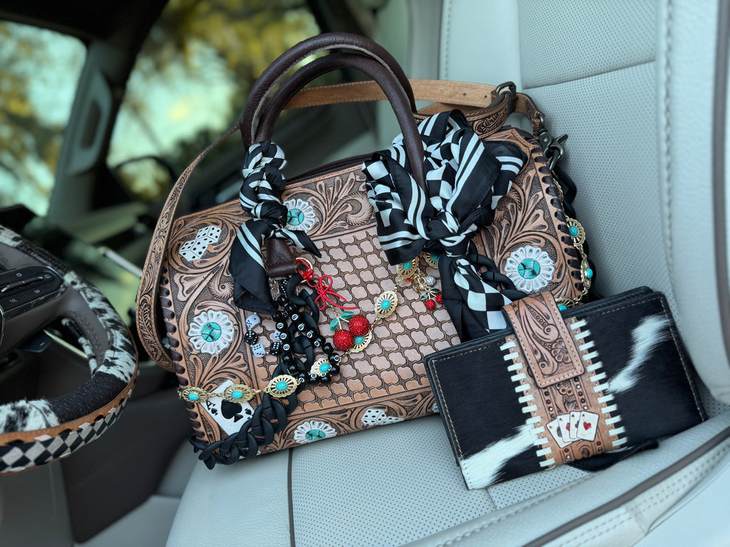 "Winning Jackpot" - brown tooled leather speedy (Duffle) with wallet