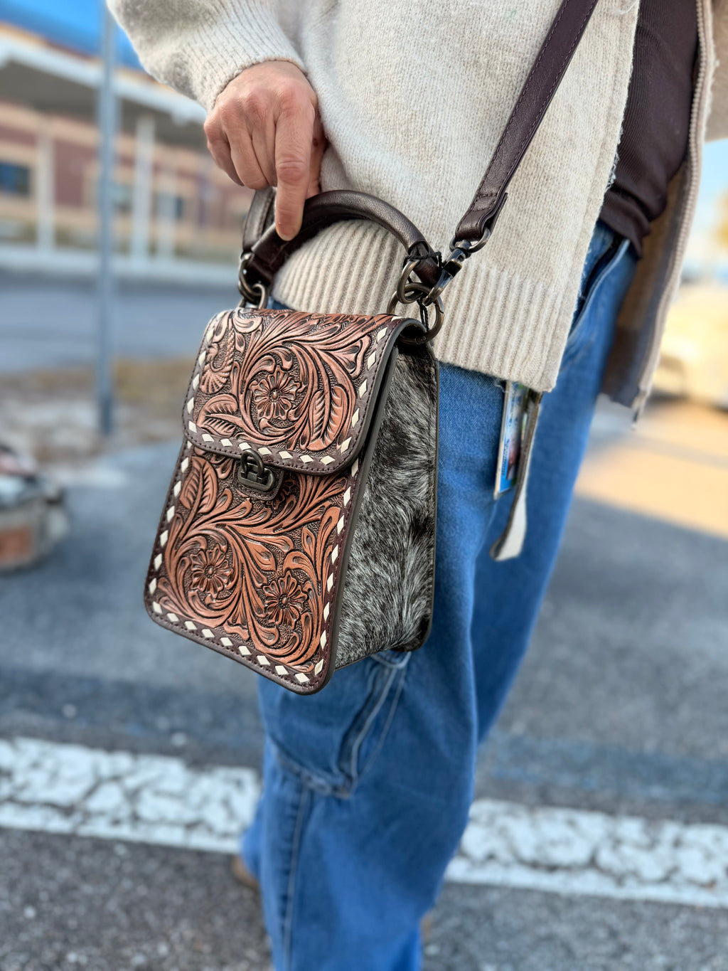 “Petunia” Tooled leather sling purse - by the Painted Porches