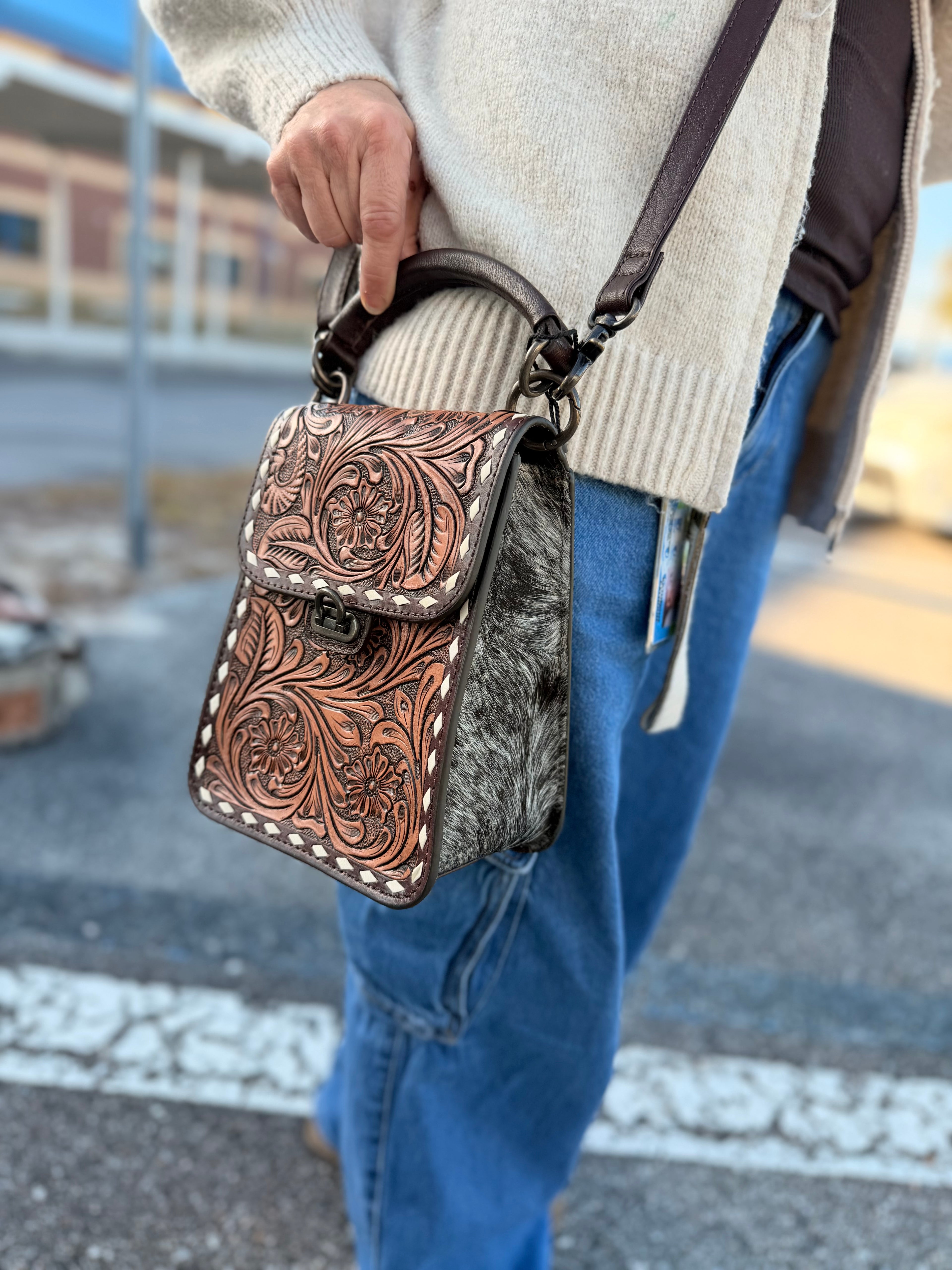 “Petunia” Tooled leather sling purse - by the Painted Porches