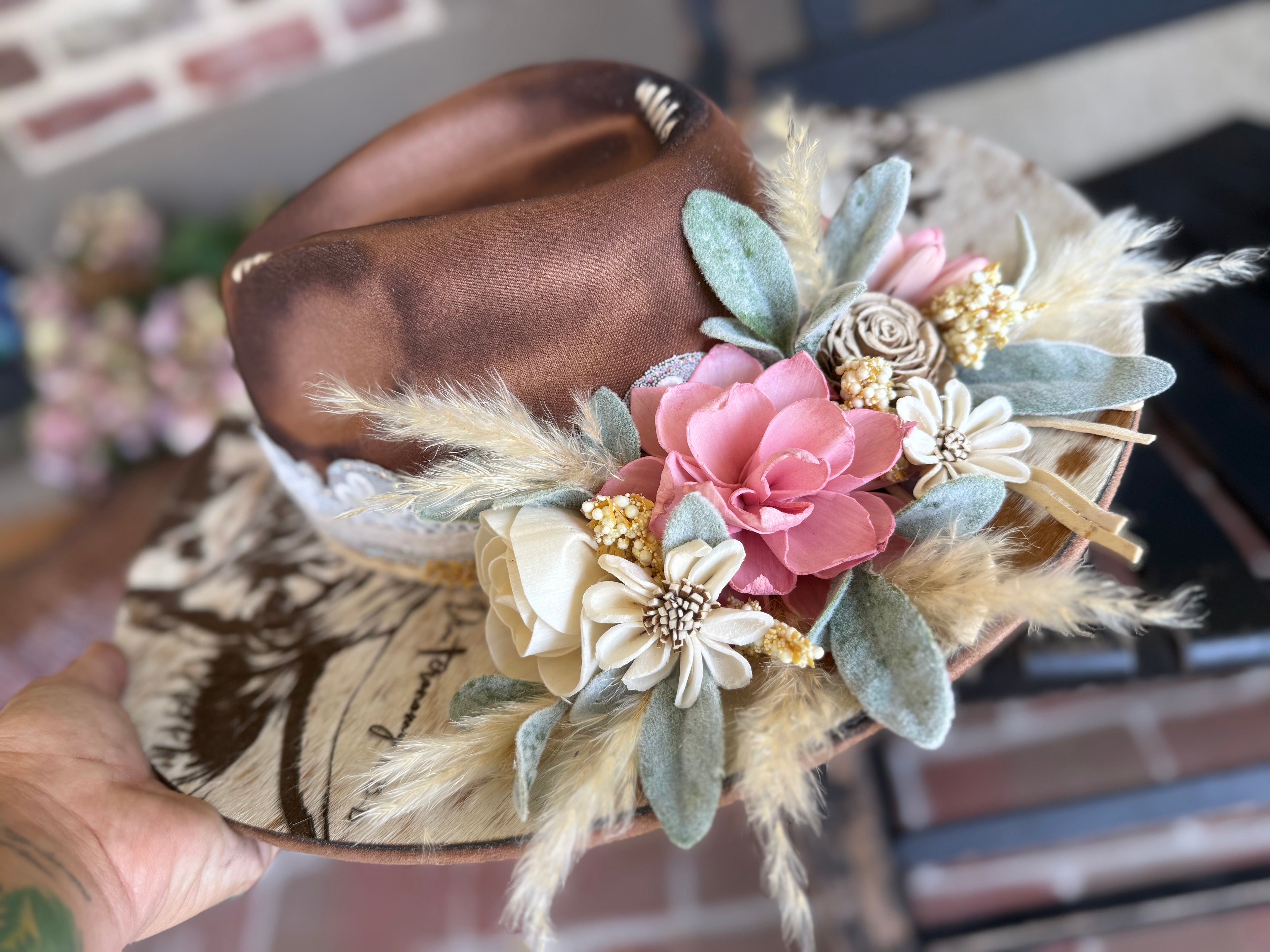 Engraved cowhide hat - farm logo/brand