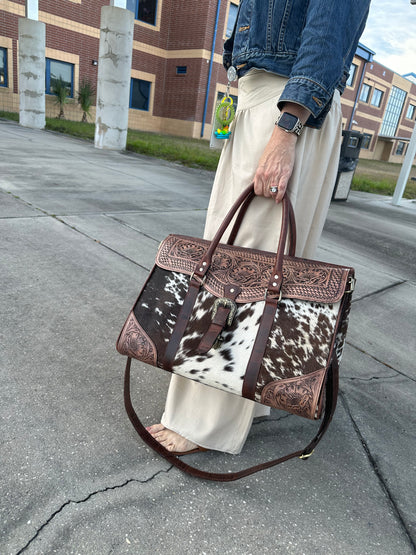 Large cowhide tooled leather bag