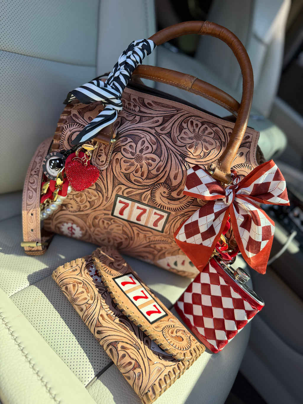 “ Lucky 7s” Brown tooled leather speedy (L) by the Painted Porches