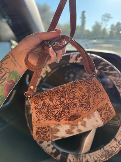Tooled leather small purse with cowhide
